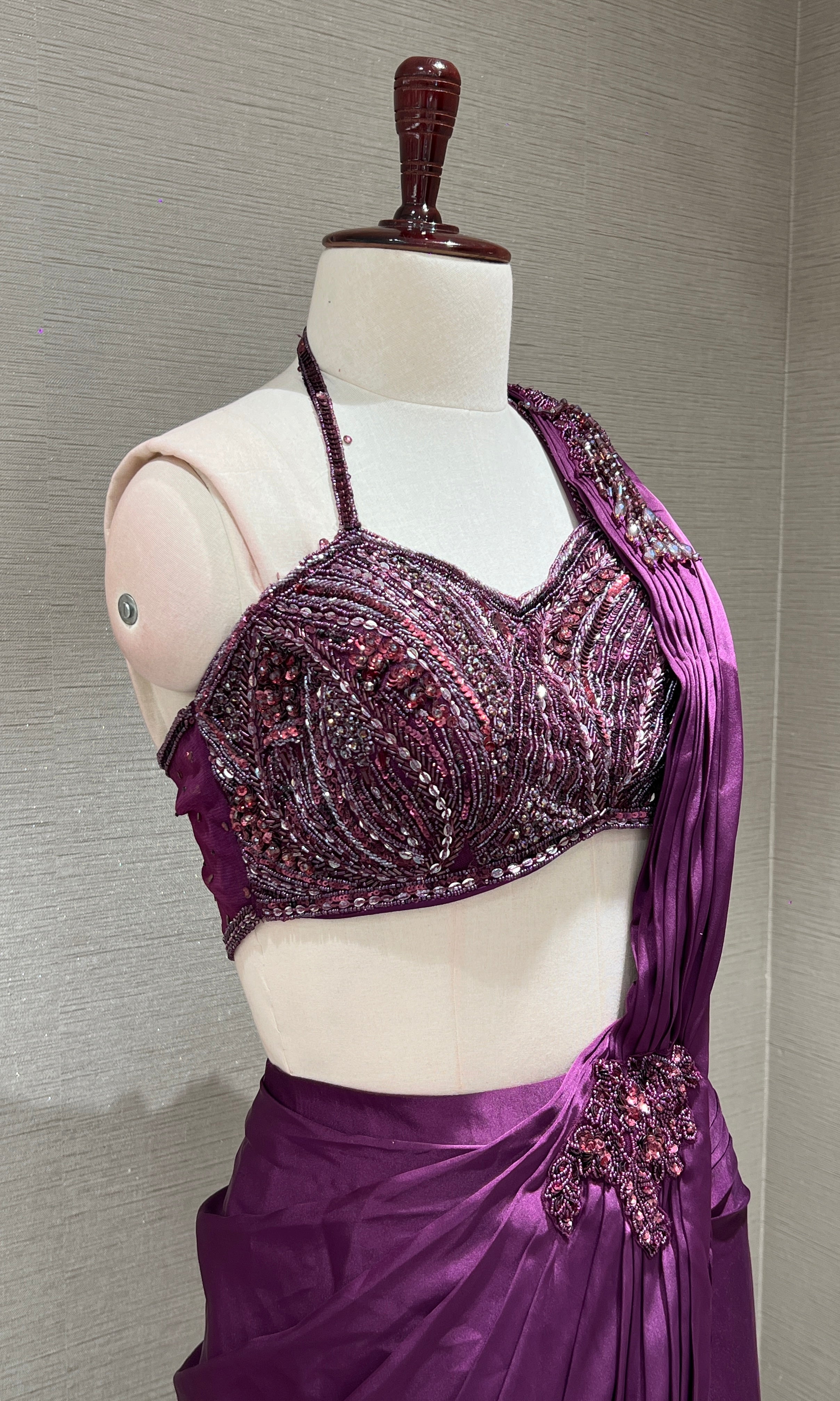 purple drape saree with cape