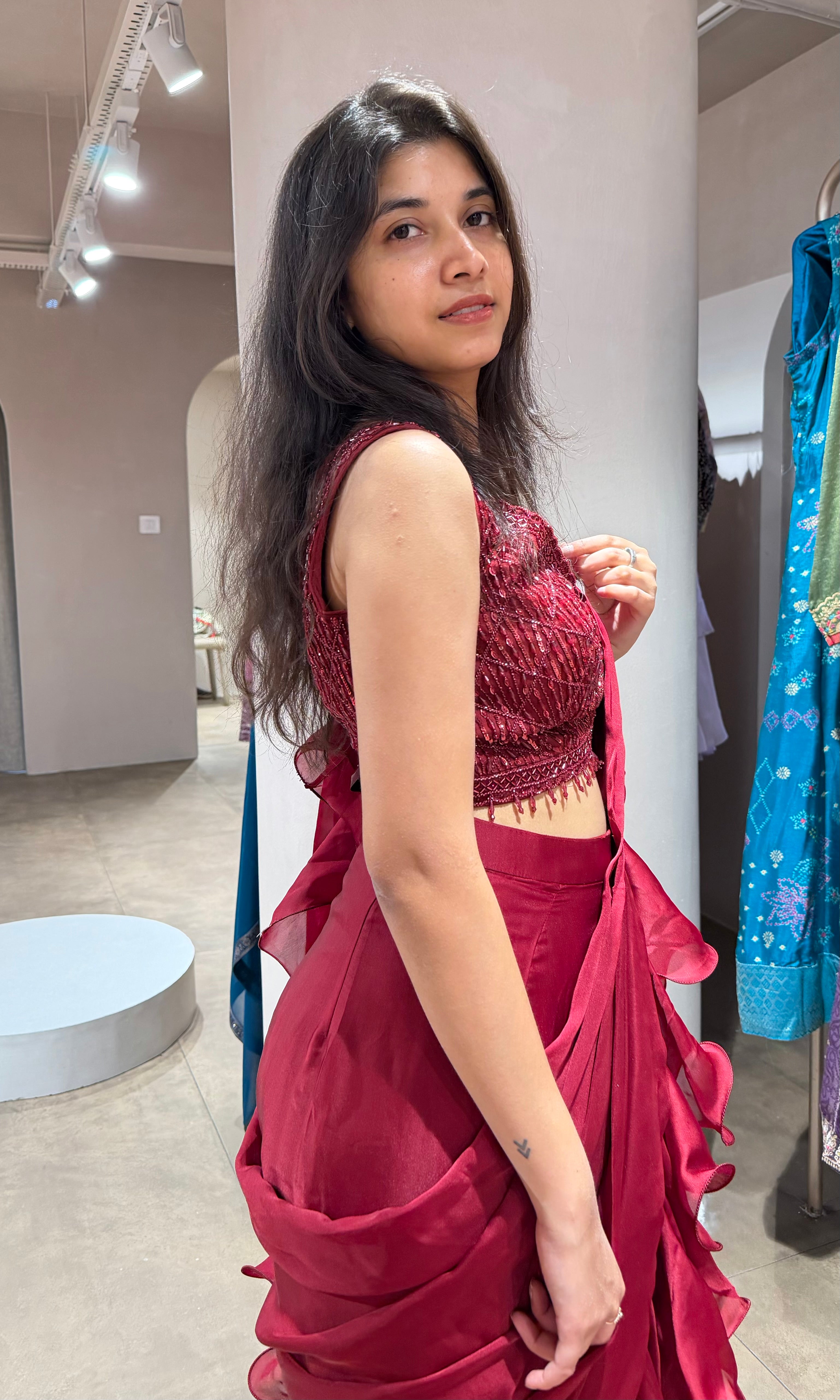 Maroon EMBELLISHED RUFFLE drape saree