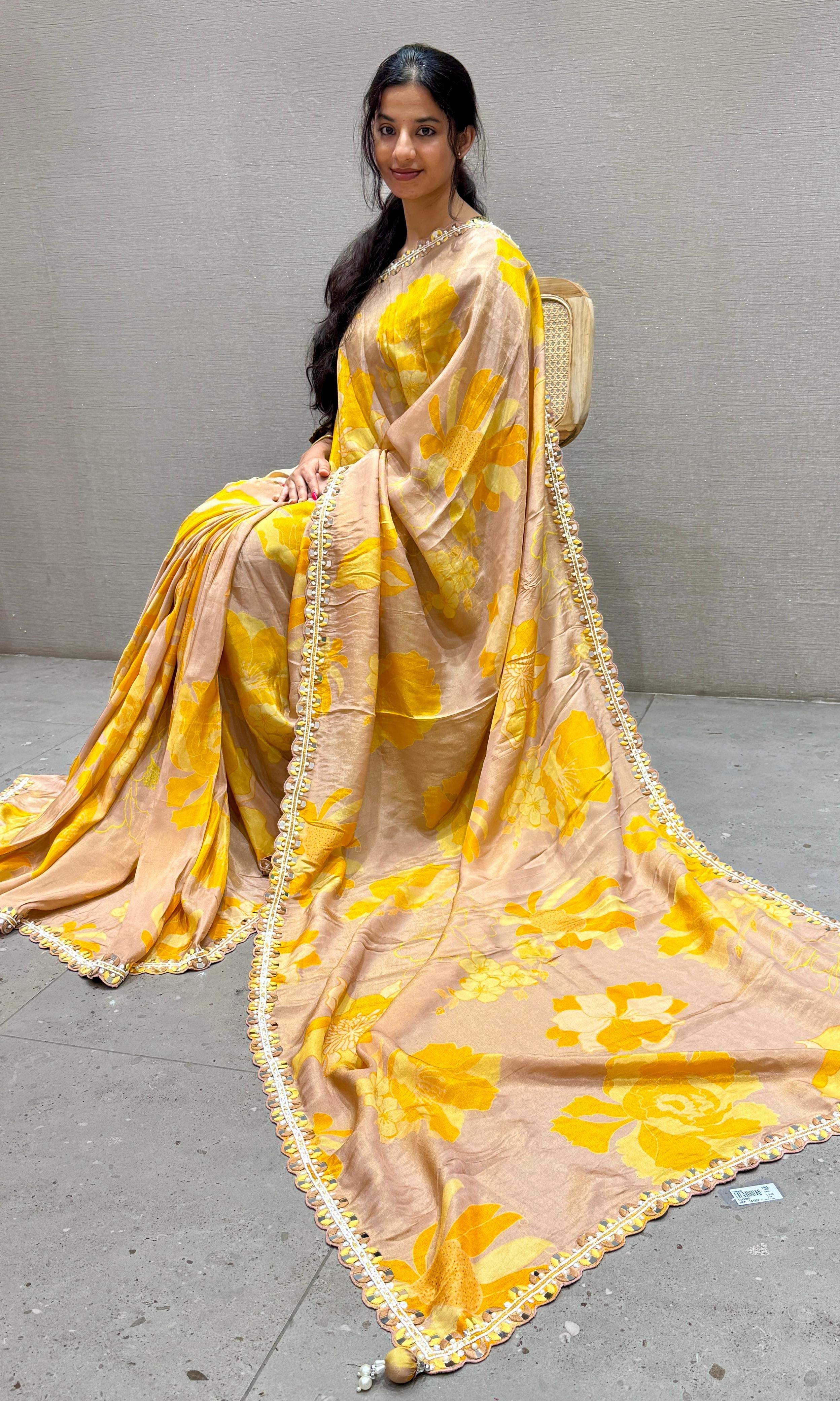 Mango Yellow digital printed tissue silk saree with ready blouse