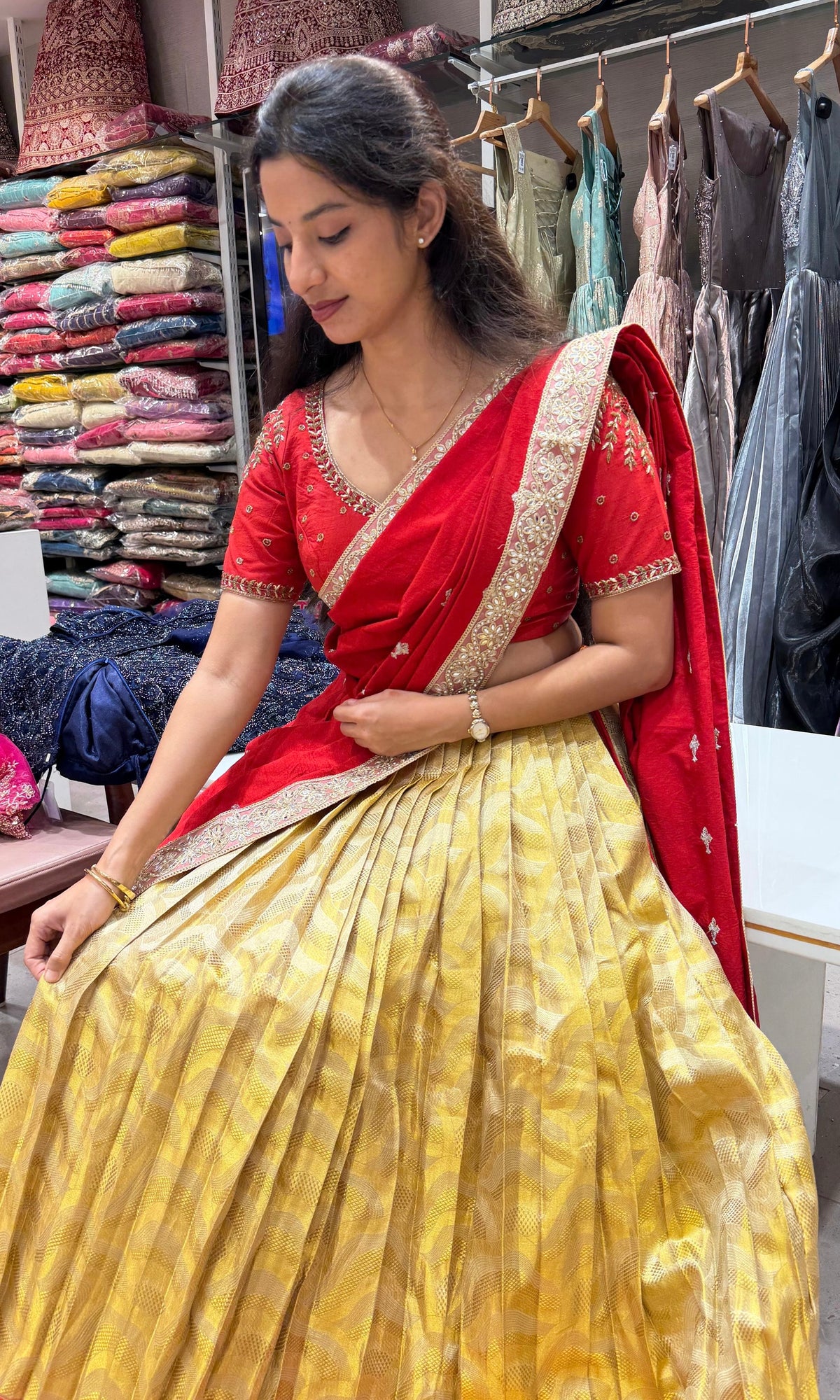 Red and gold banarasi pattu lehenga set