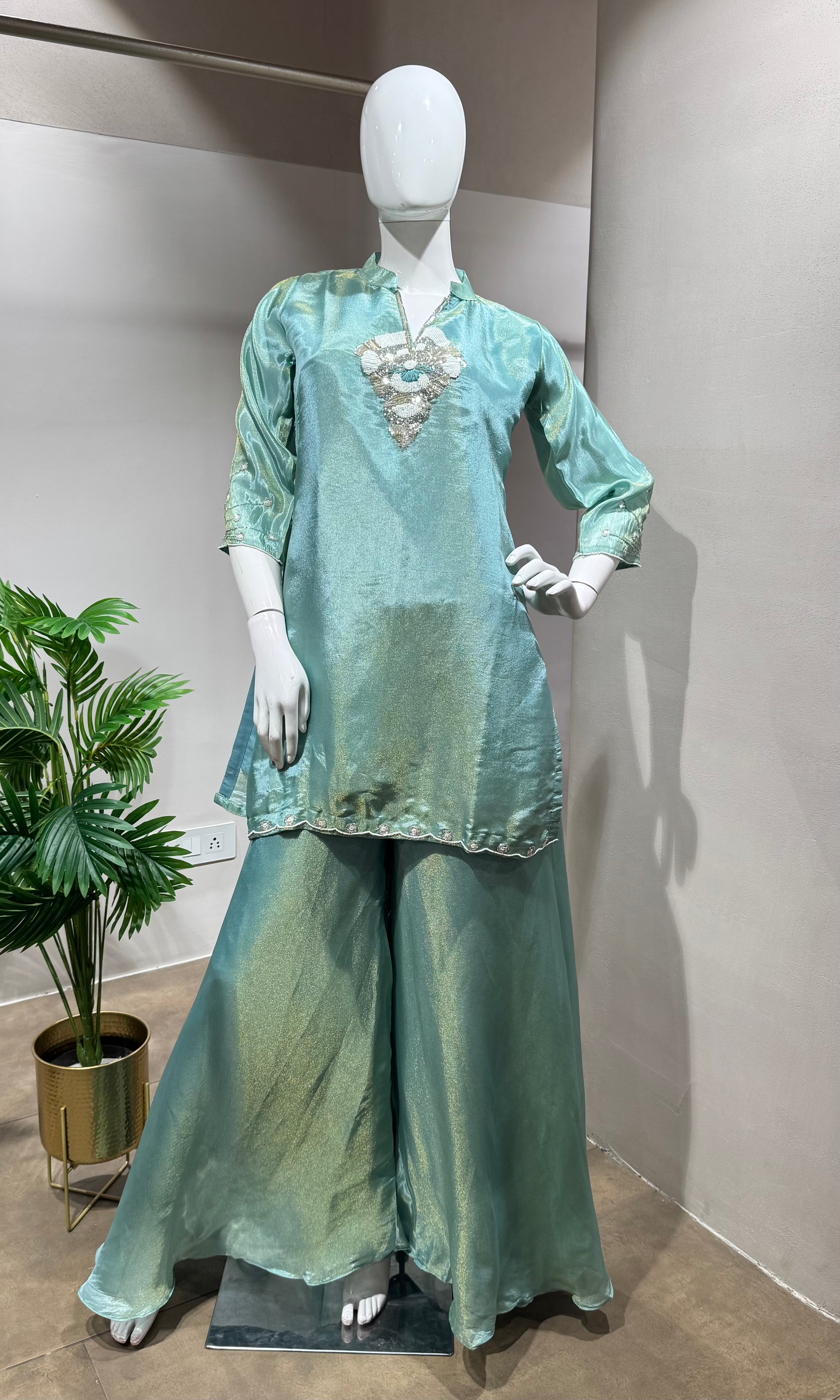 GREEN Shimmer embroidered sharara set