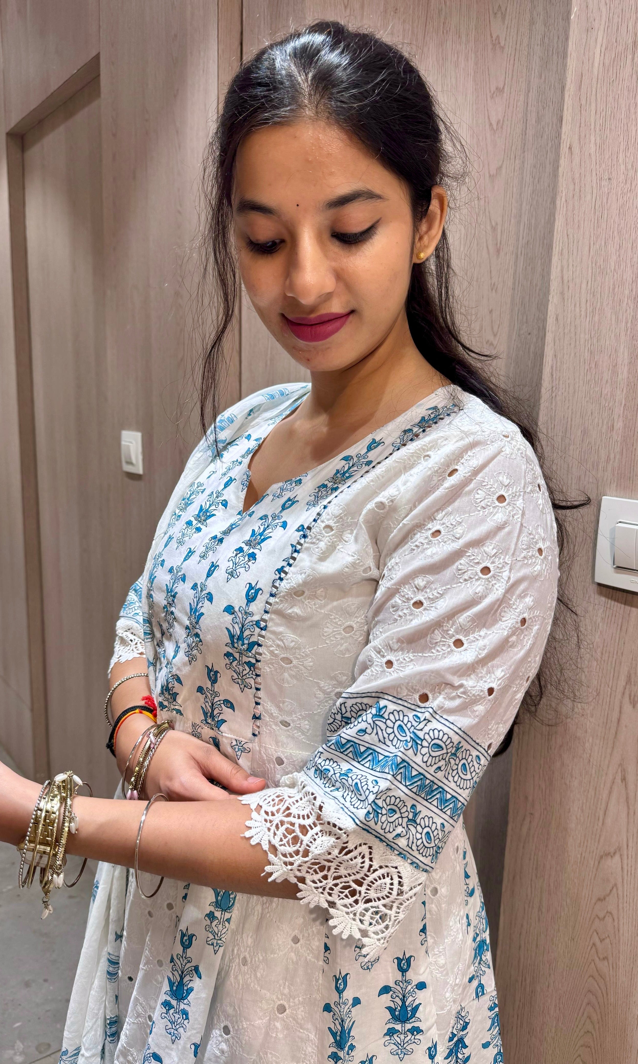 Blue white cotton Anarkali kurta set