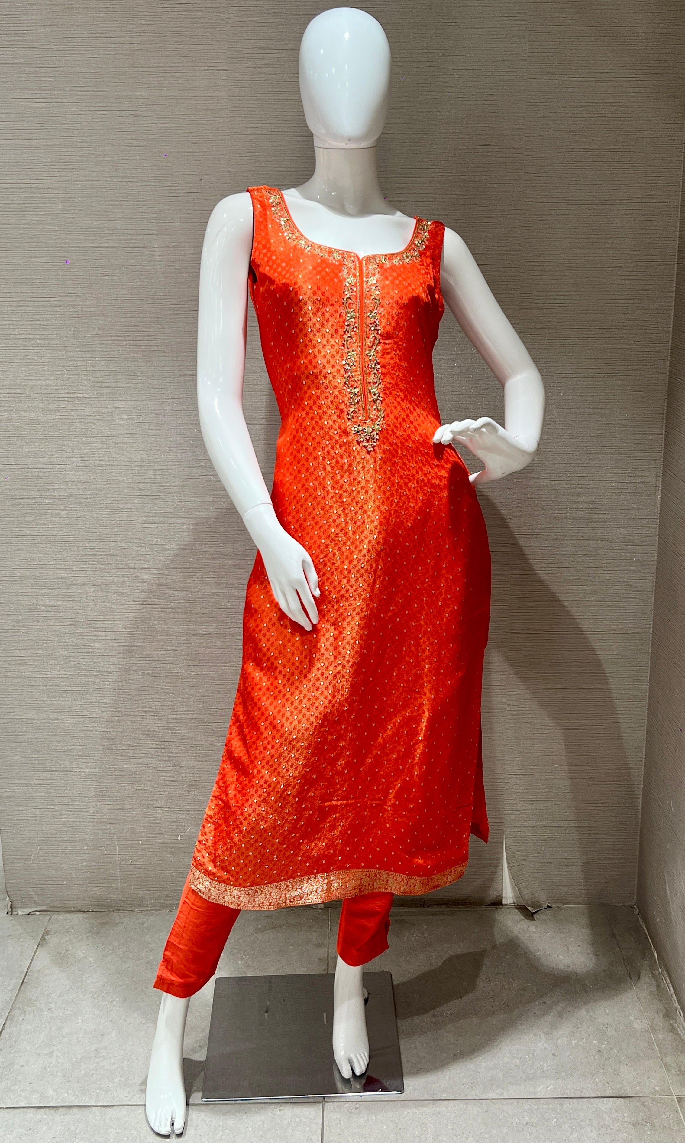 Orange and gold kurta set with banarasi dupatta