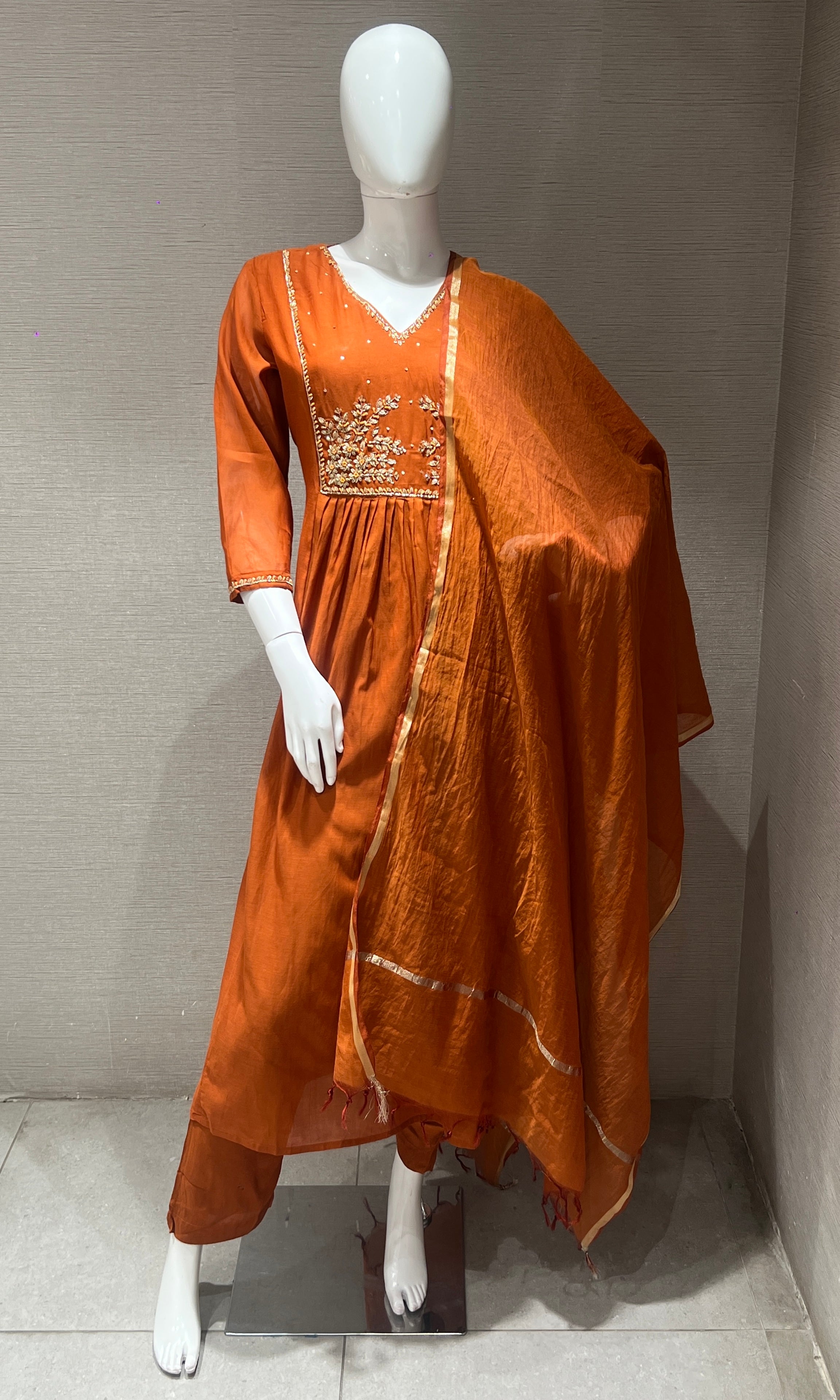 Rust orange Mul Chanderi kurta set