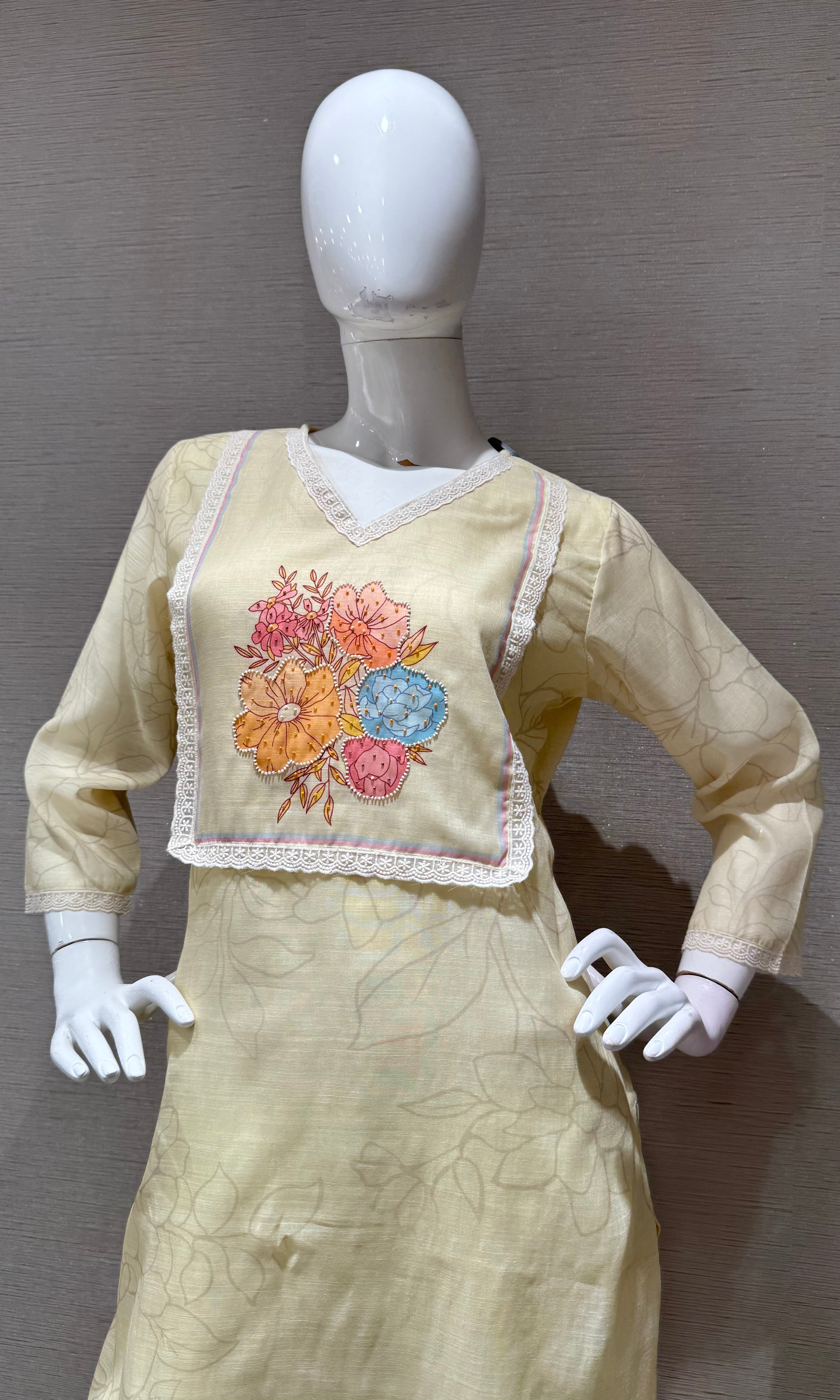 Light Yellow Straight Kurta Set with Multicolor Pastel dupatta