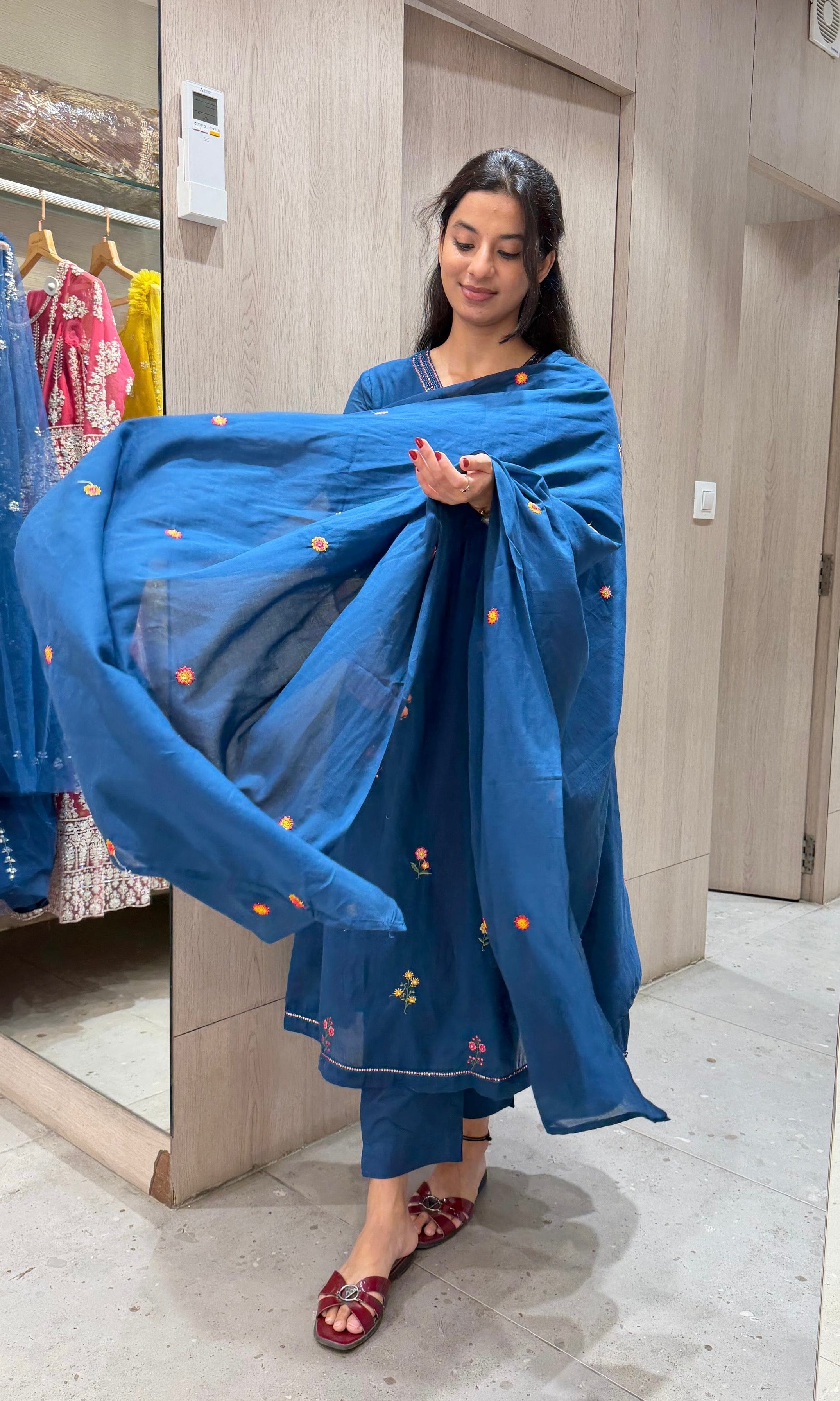 Blue FLORAL EMBROIDERED KURTA SET