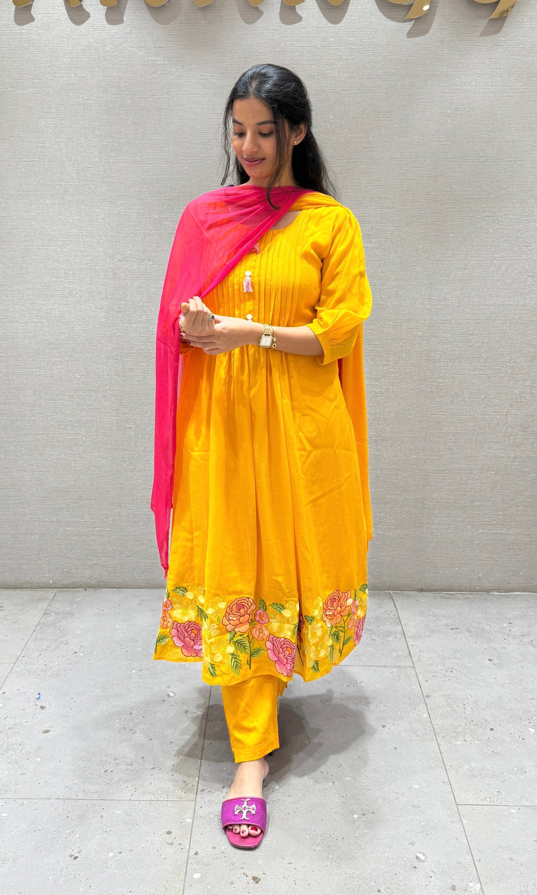 Yellow Flower Mul Chanderi kurta set