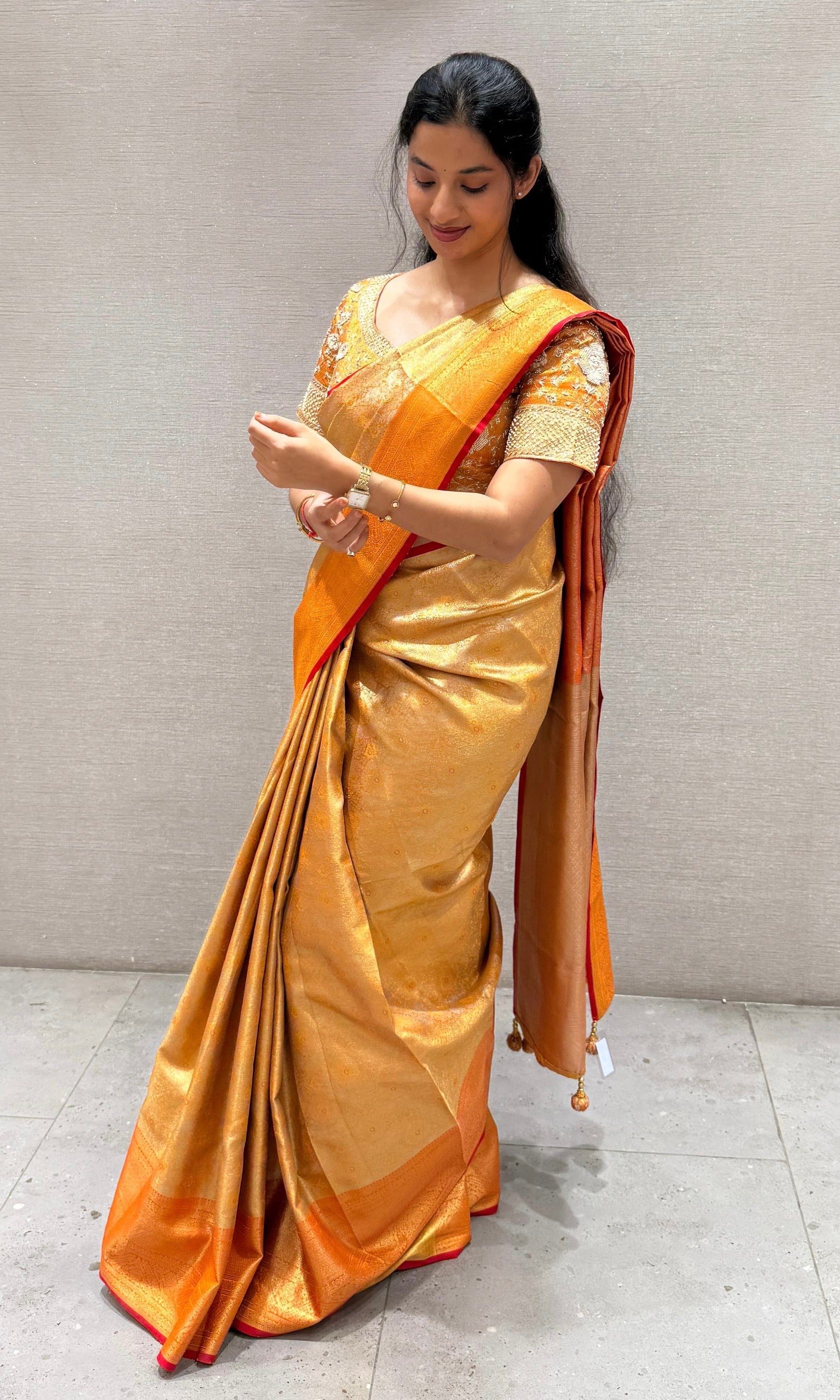 Orange pattu saree with ready blouse