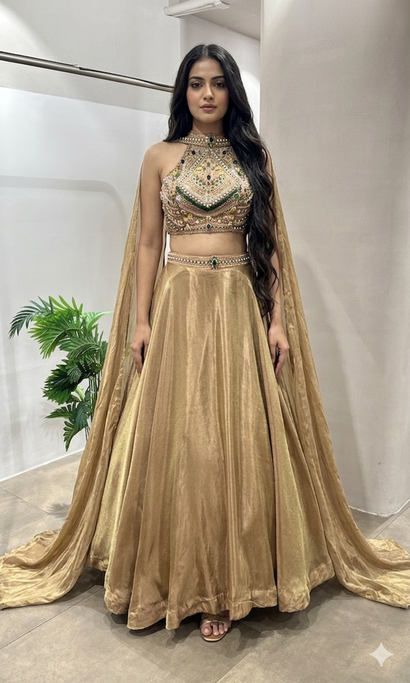 Golden lehenga with embellished halter neck