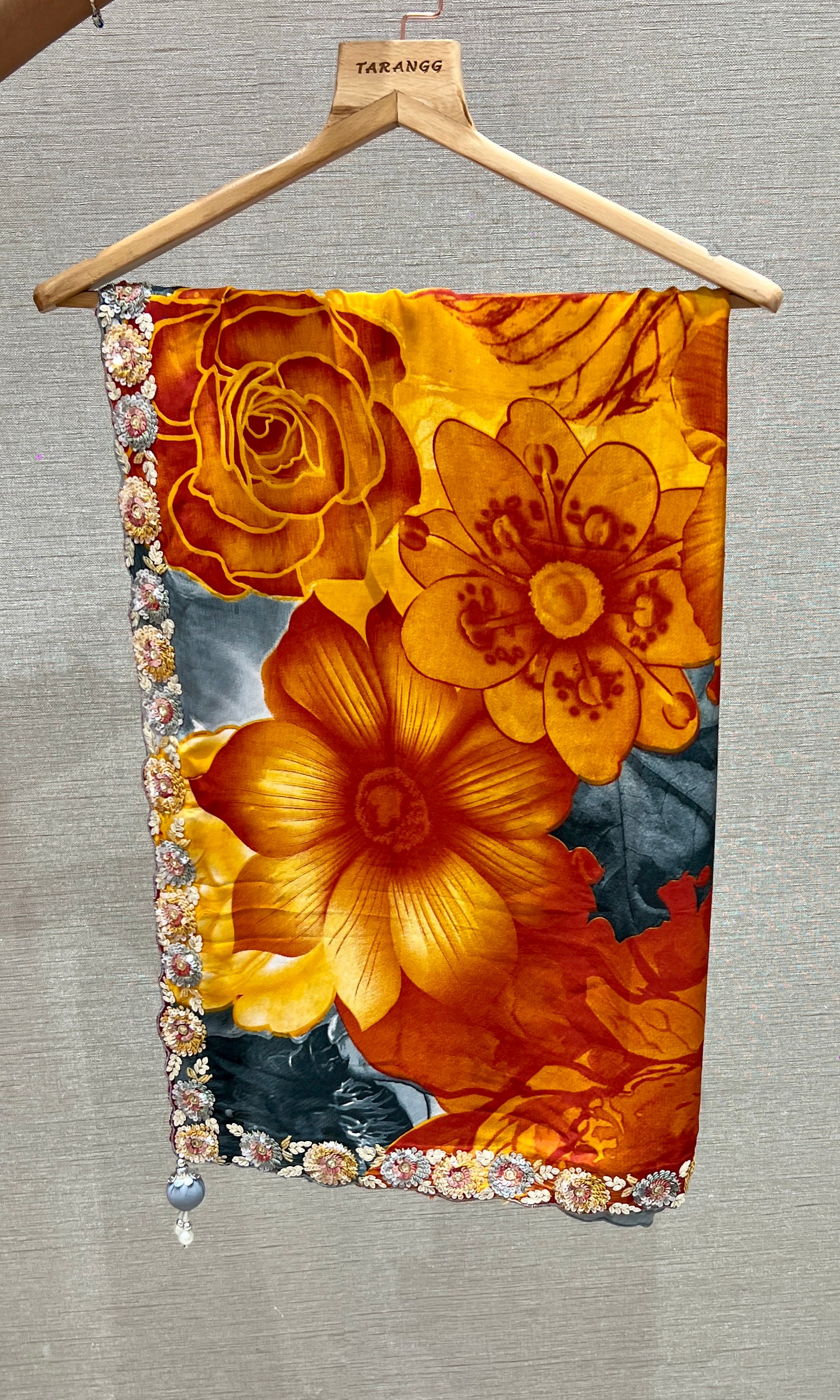 Grey floral saree with embroidery ready blouse