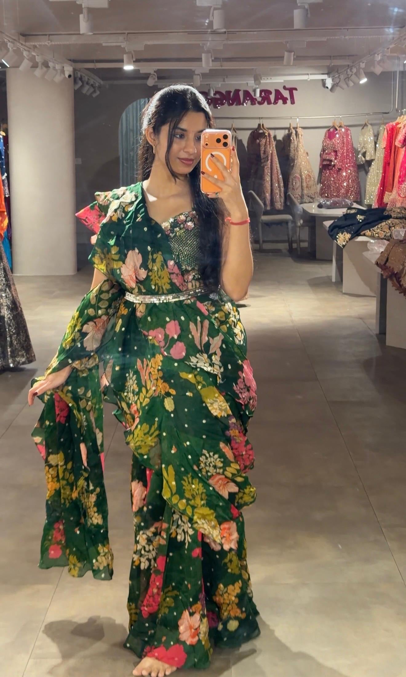 Green MULTI FLORAL drape saree