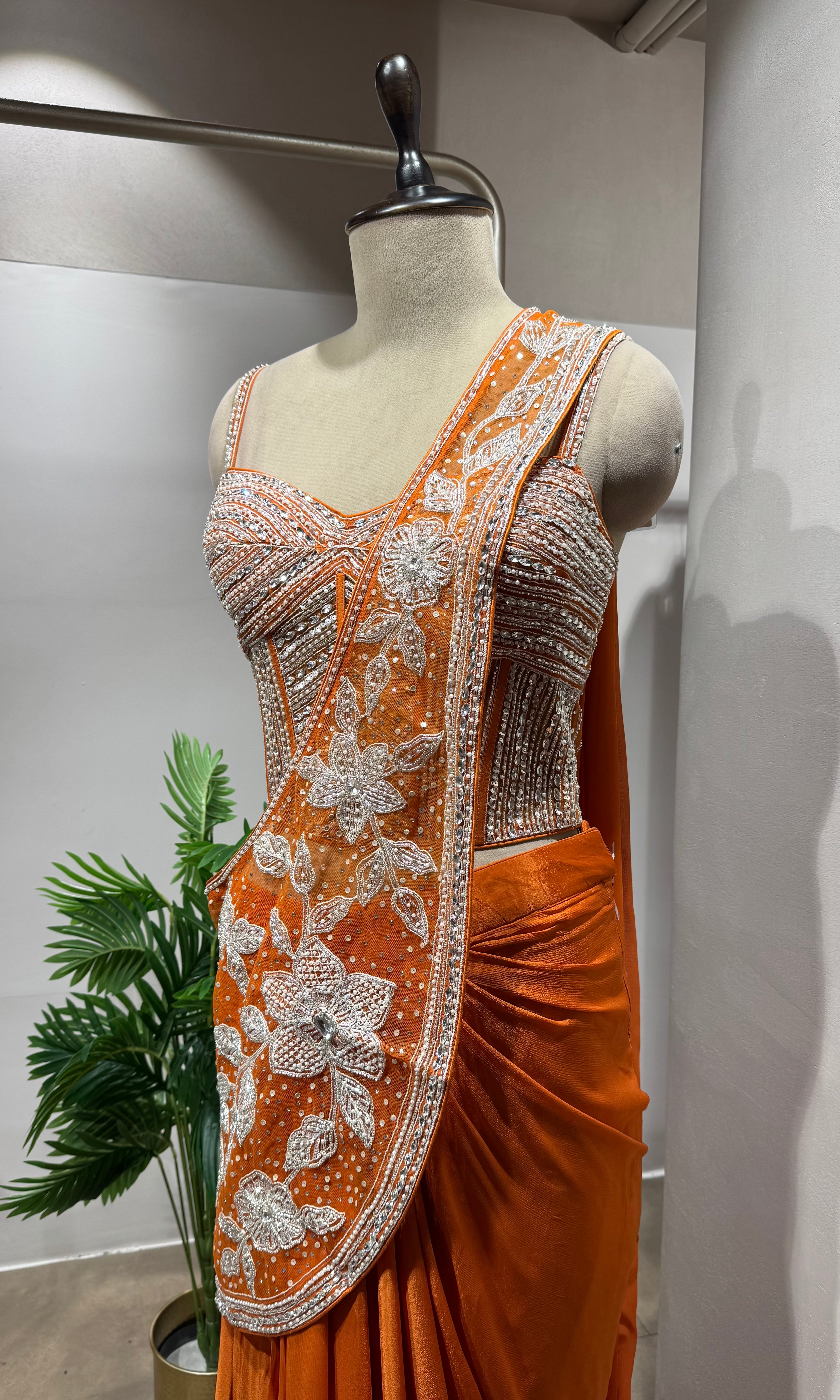 Orange drape Saree with Crystal Floral Embroidery blouse