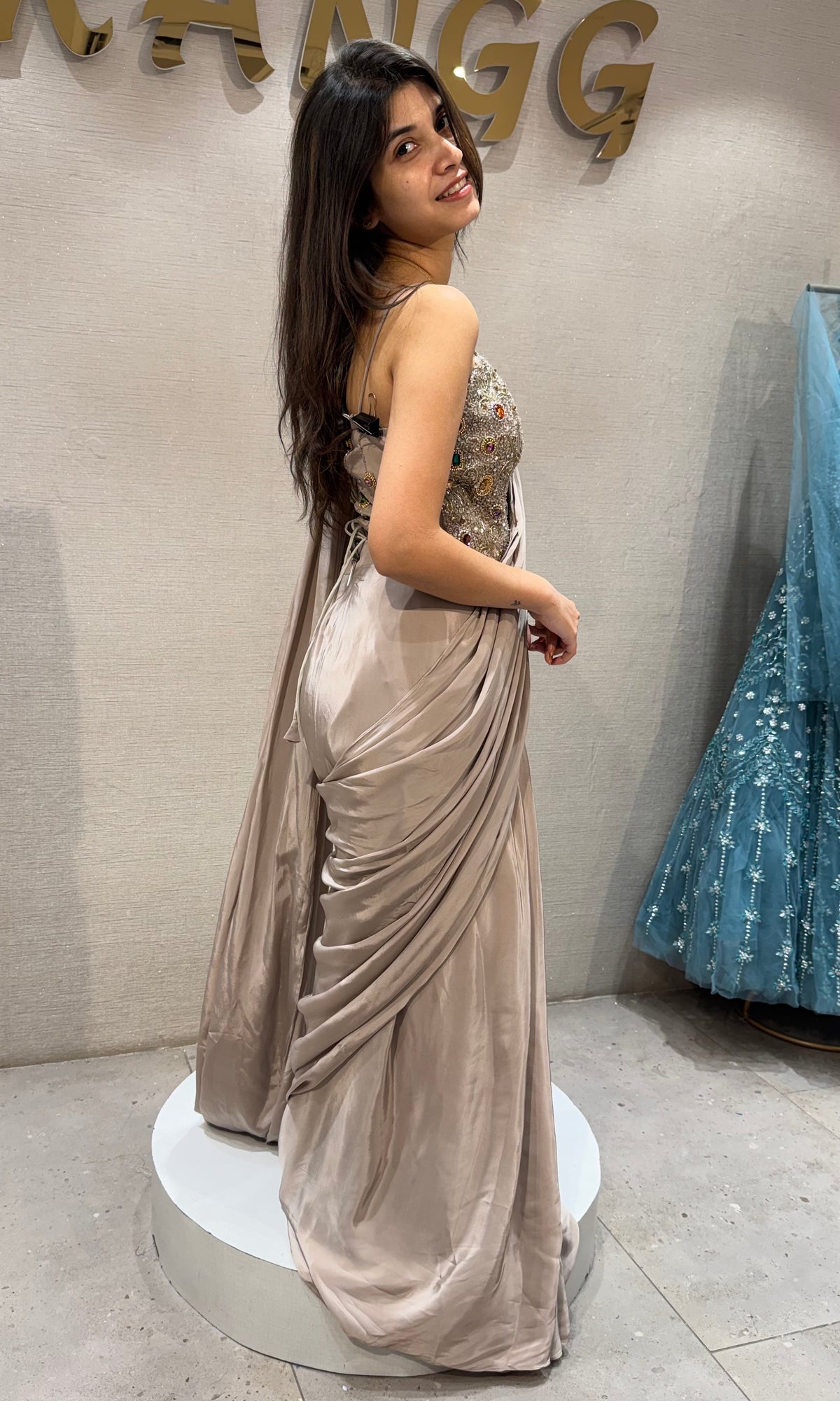 Grey satin Draped Saree with Crystal Embellished Corset Blouse