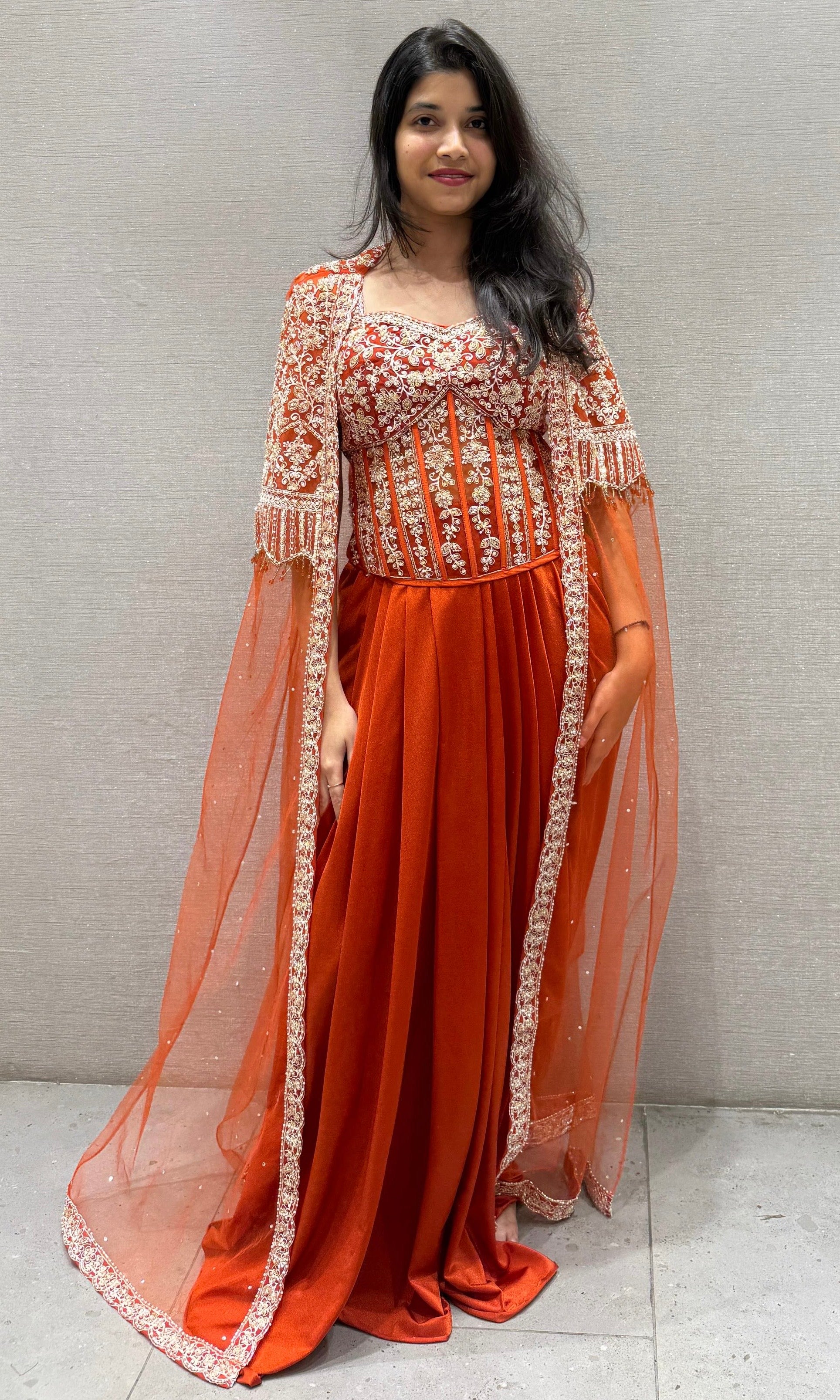ORANGE 3 PIECE INDO WESTERN DRESS WITH SHRUG