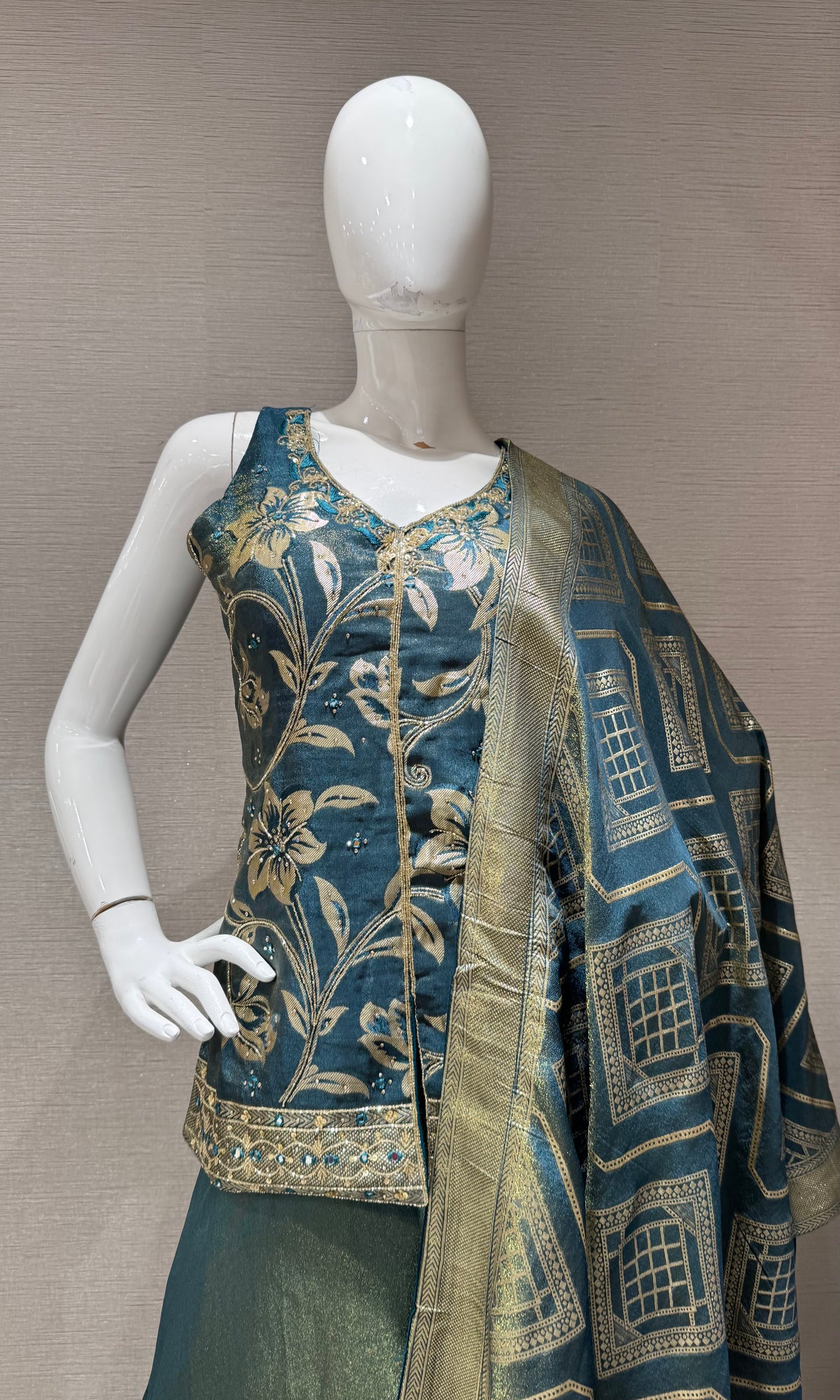 Peacock Blue and Gold Tissue Embroidered Palazzo set