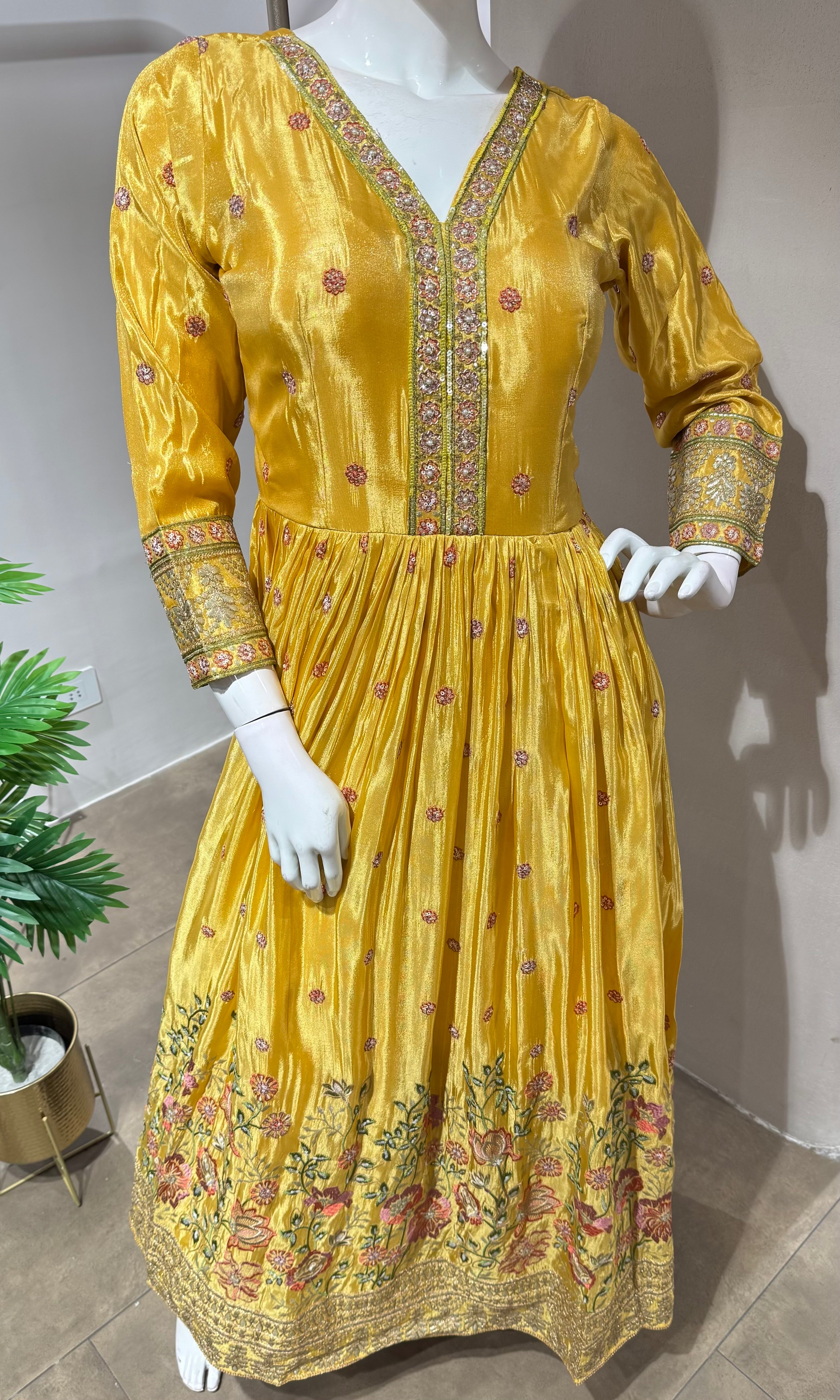YELLOW SHIMMER TISSUE EMBROIDERY ANARAKALI