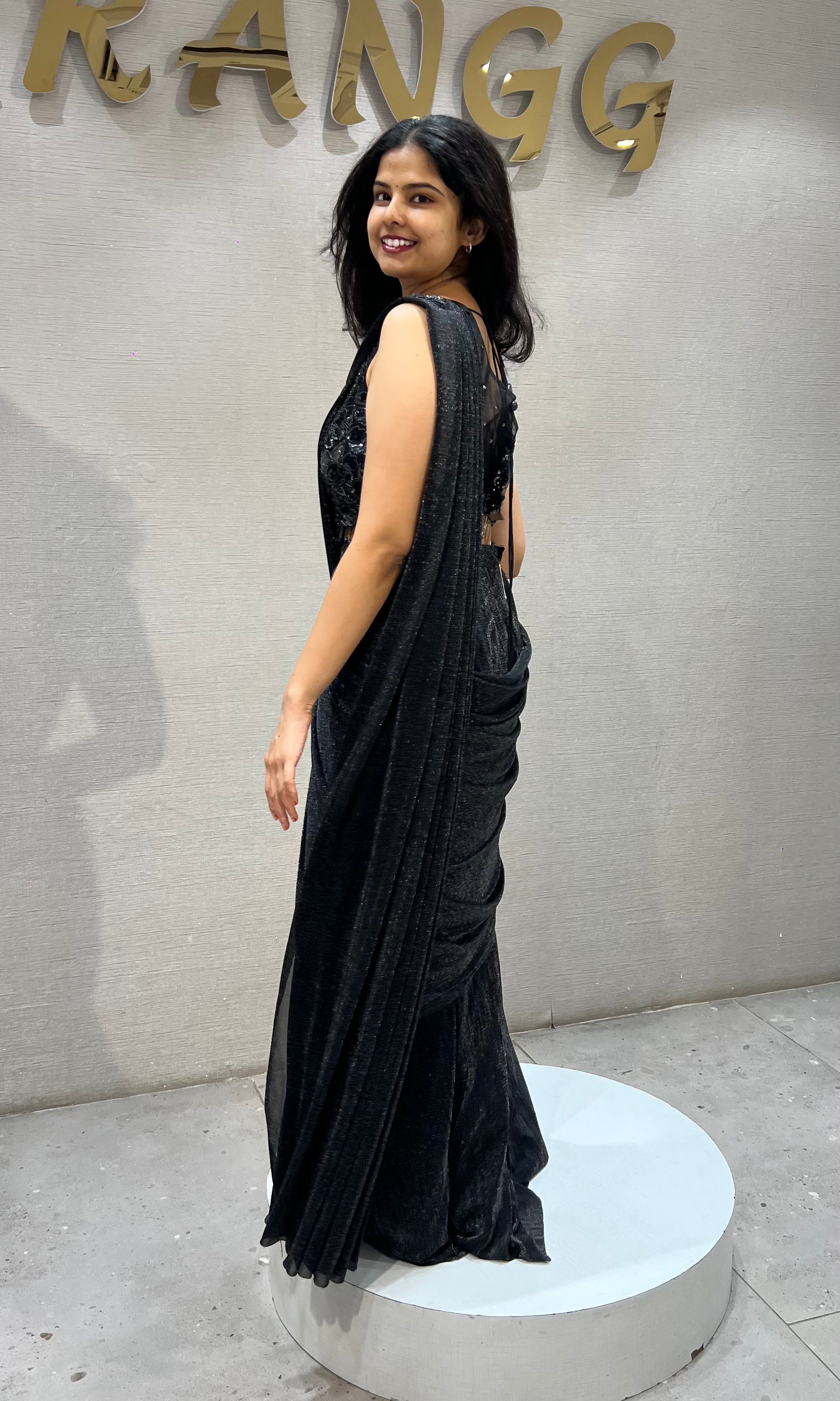 Black Shimmer Georgette Drape Saree with Velvet Blouse