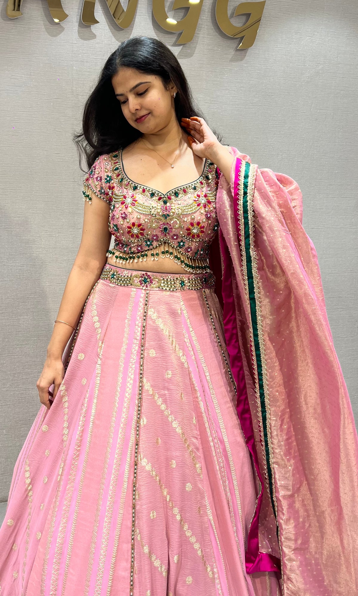 Pastel Pink Flared Lehenga Set with Heavily Embellished Blouse & dupatta