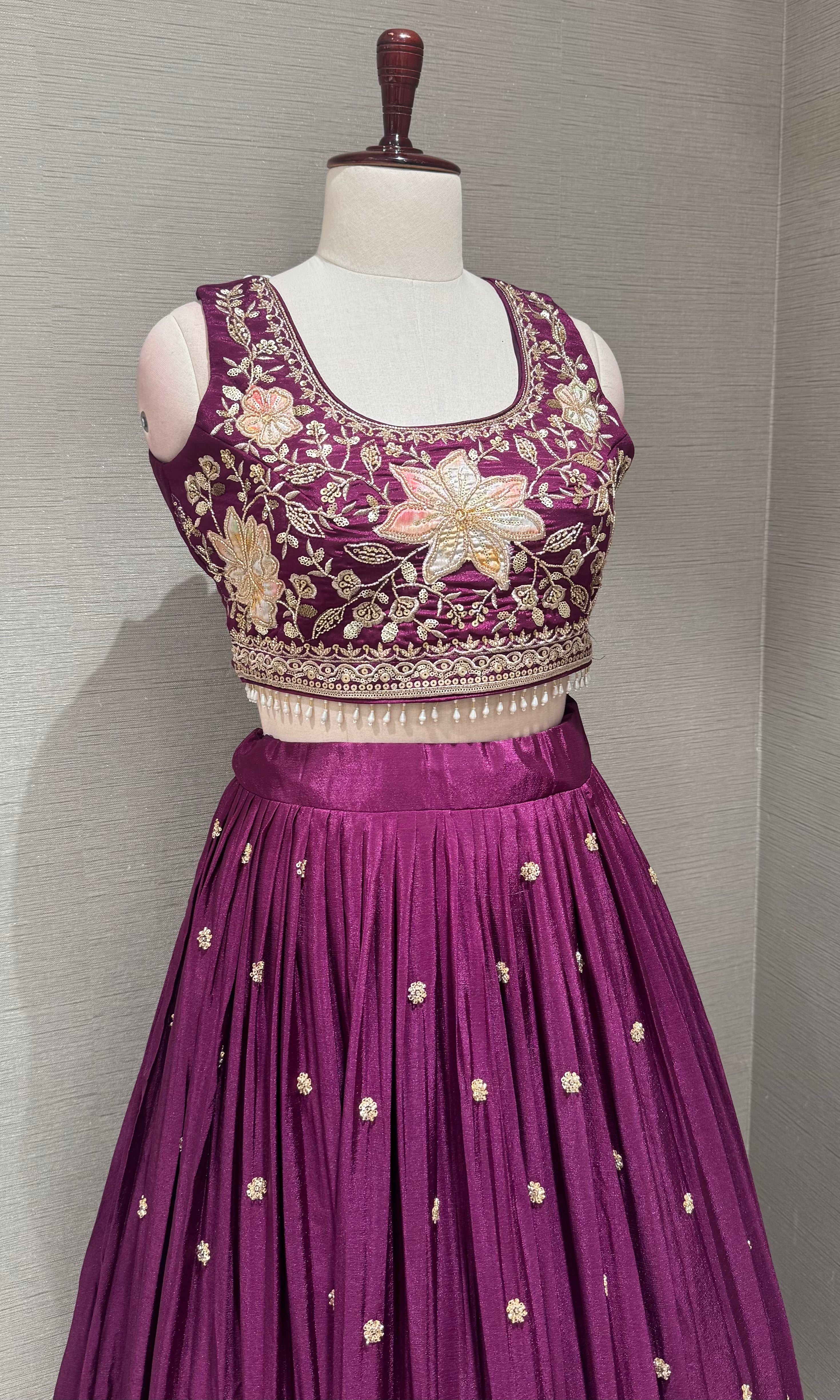 Wine Tissue silk Floral embroidered lehenga set