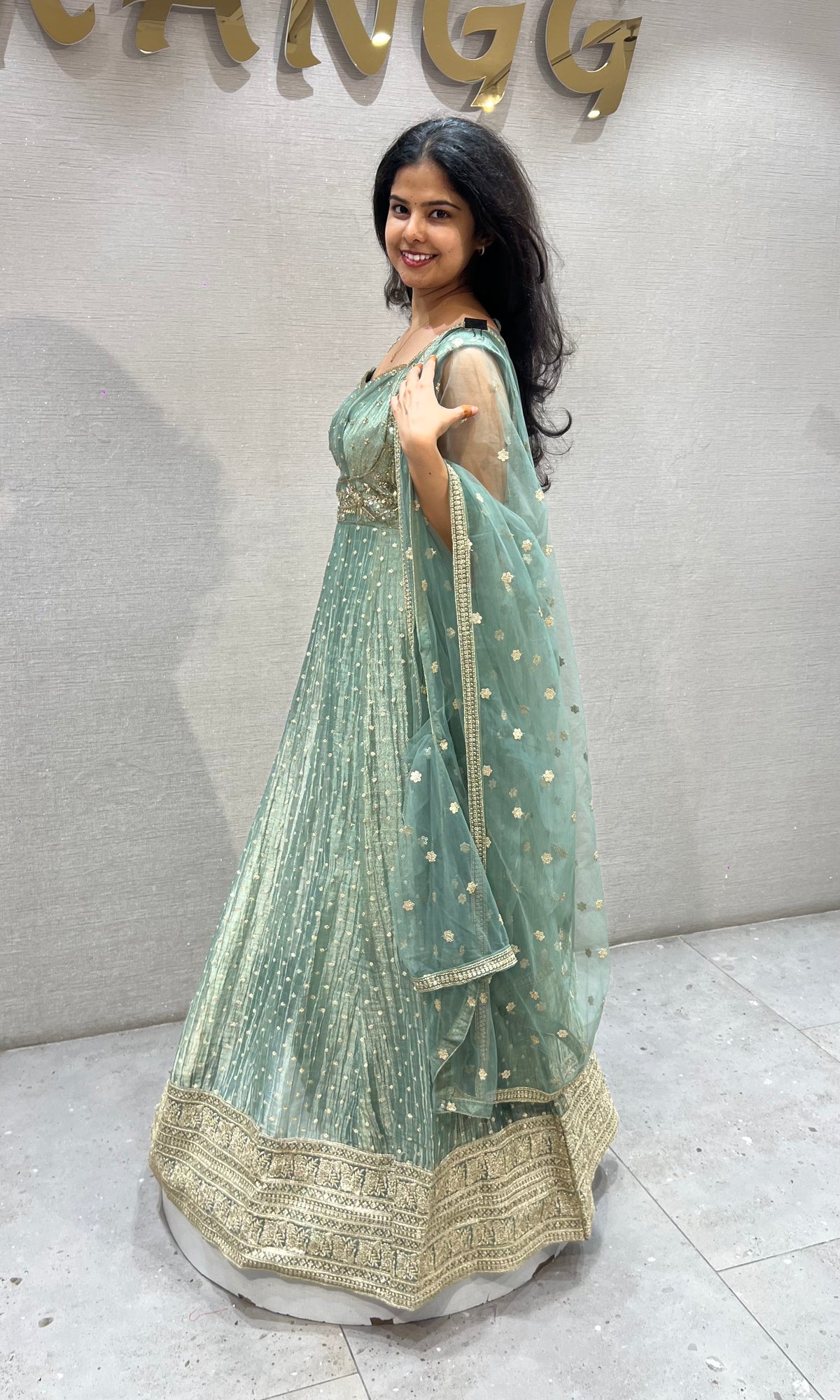 Mint Green shimmer Anarkali with Sheer Dupatta