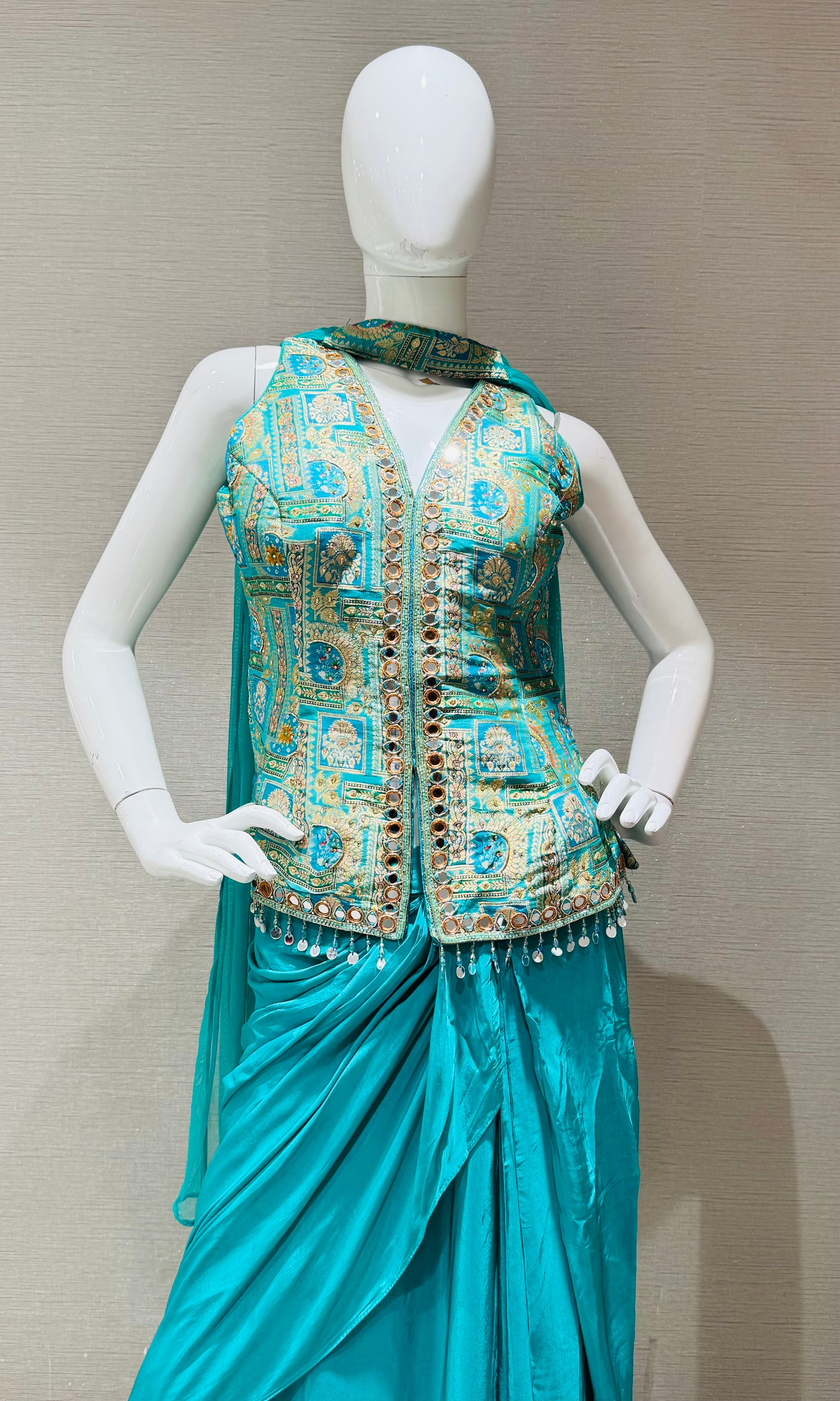 Green Indo Western Draped Skirt and Dhoti Set