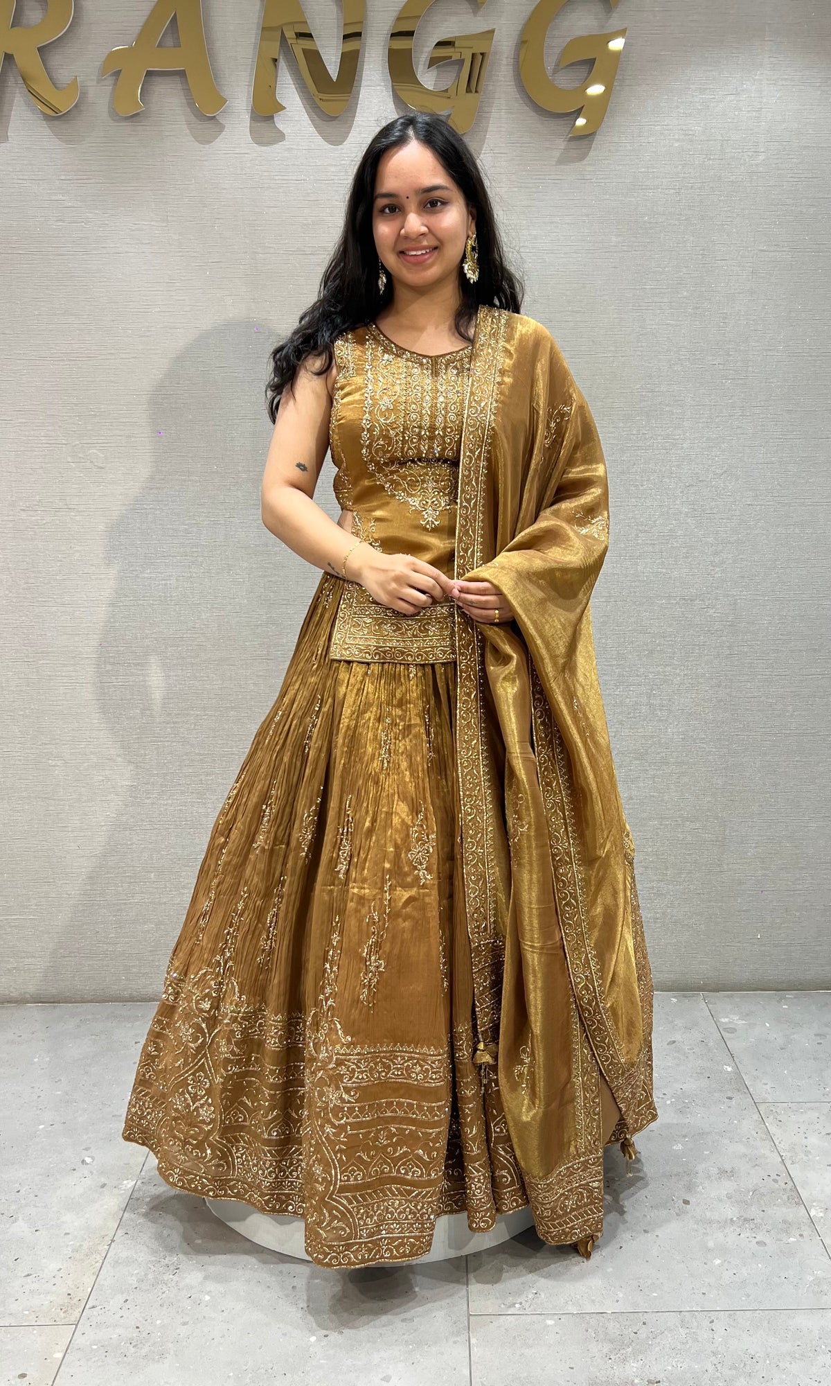 Brown Golden Tissue silk Lehenga Set