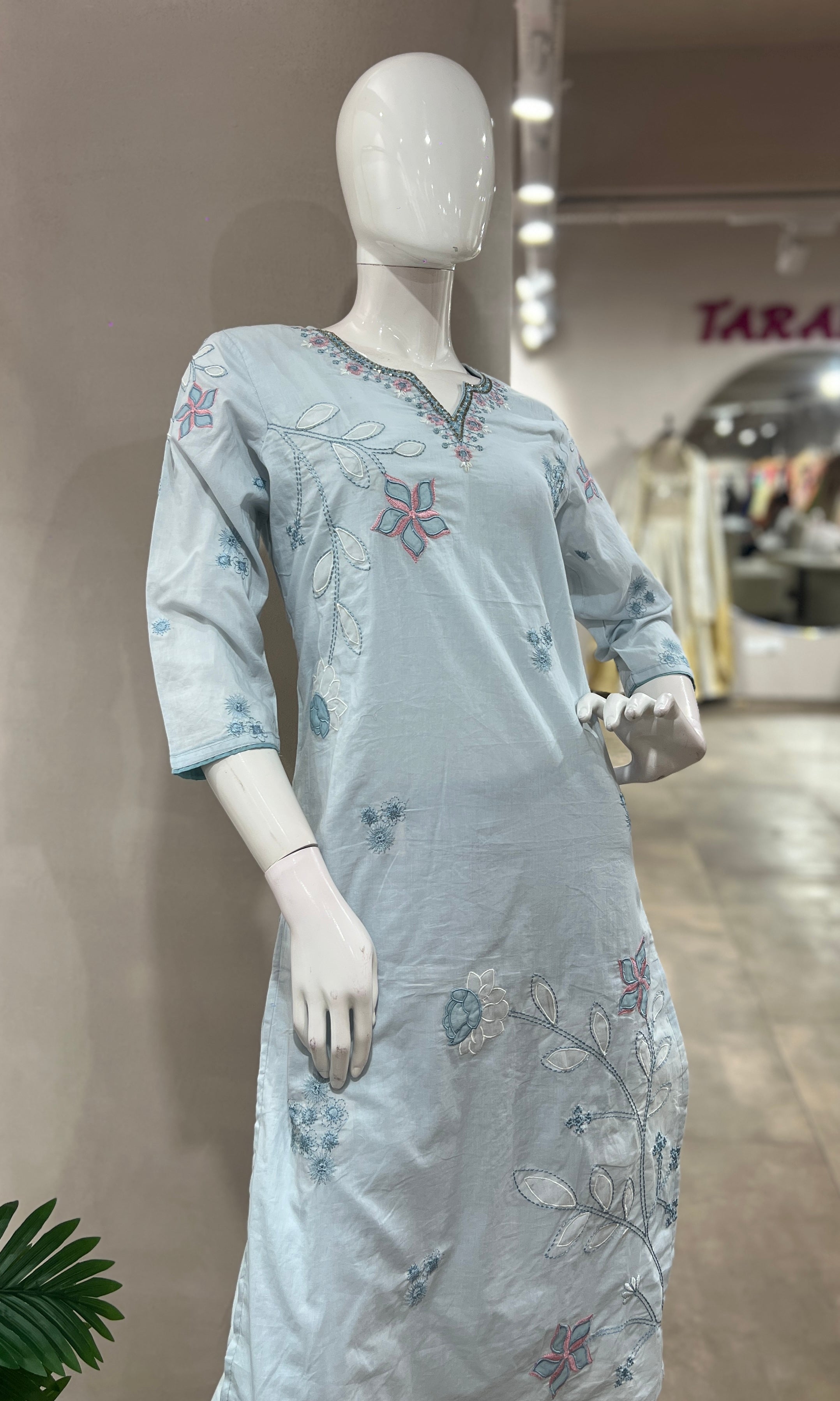 BLUE FLORAL MOTIFS COTTON KURTA SET