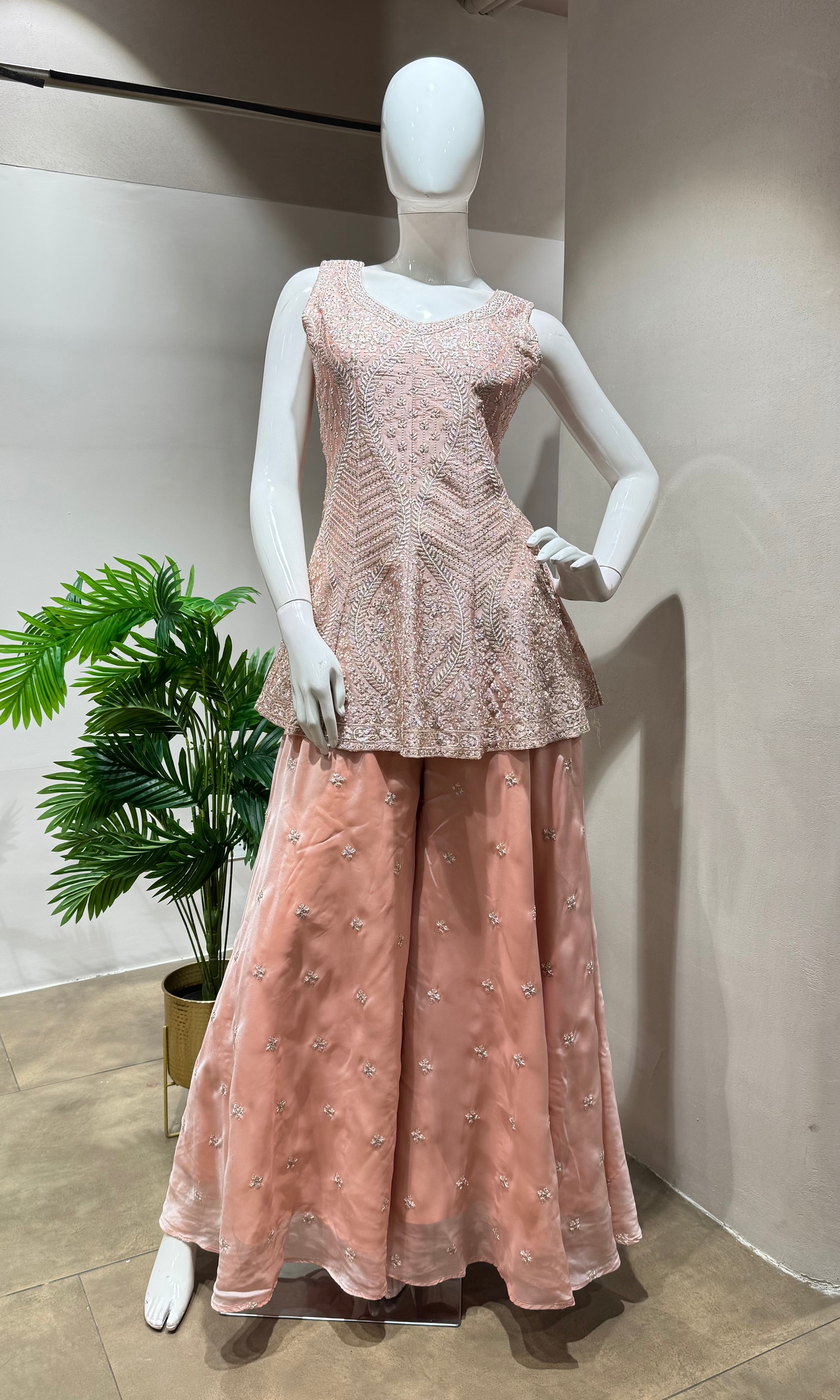 Blush PEACH Silk Embroidery PALAZZO SET