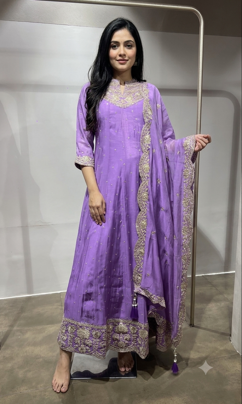 Lavender Silk Anarkali Suit Set with Scallop Dupatta
