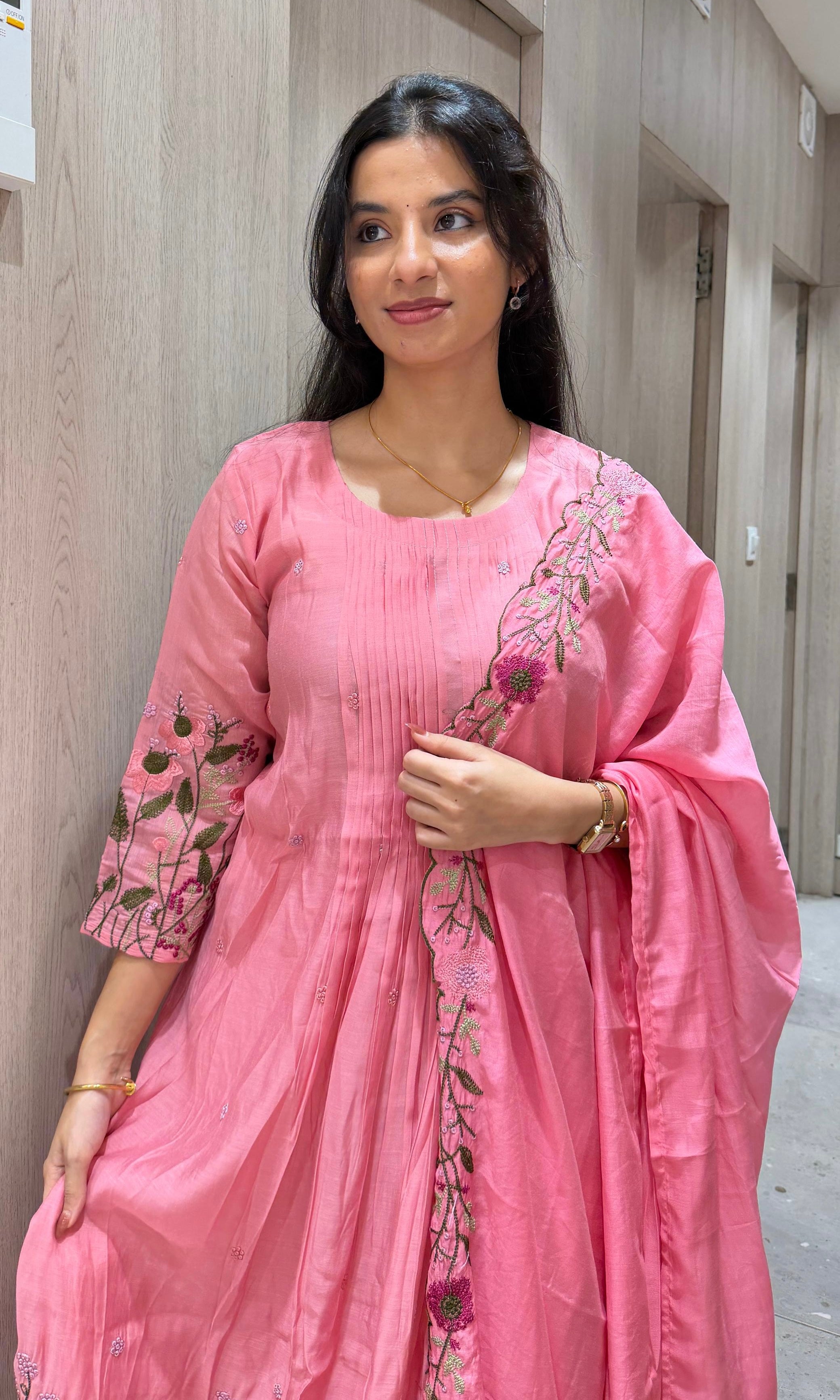 Baby pink embroidered kurta set with dupatta