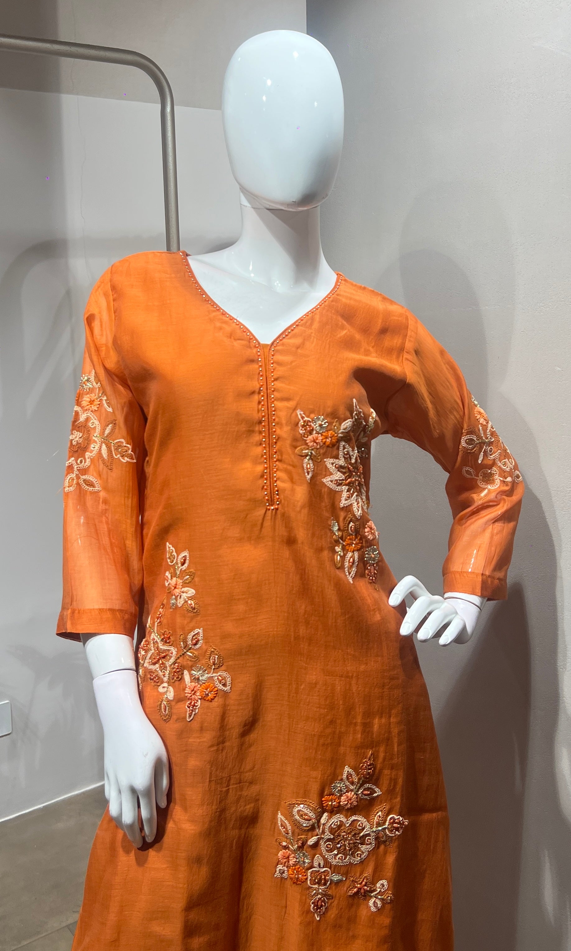 Rust Floral Mul Chanderi Embroidery Suit with Dupatta