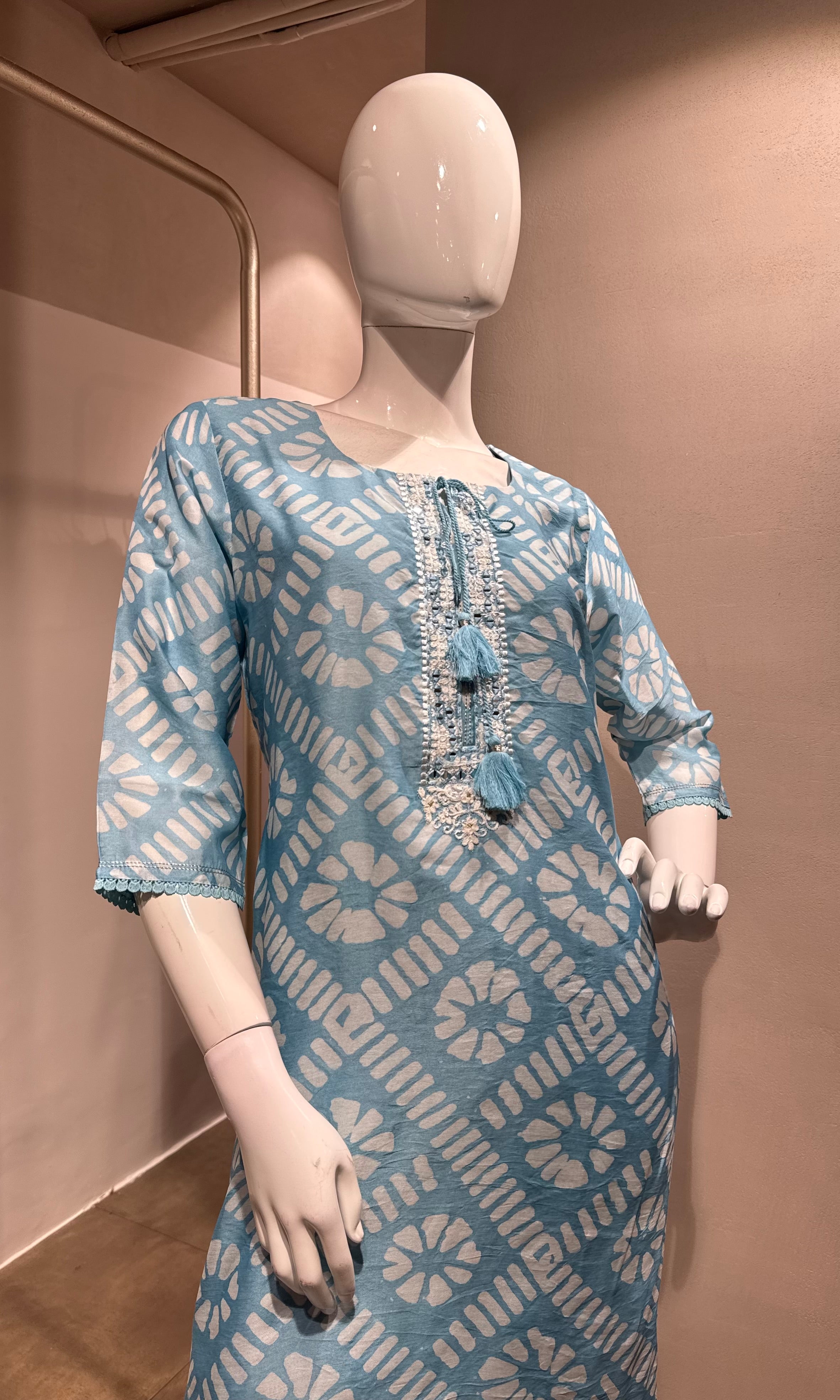 BLUE PRINTED EMBROIDERED KURTA SET