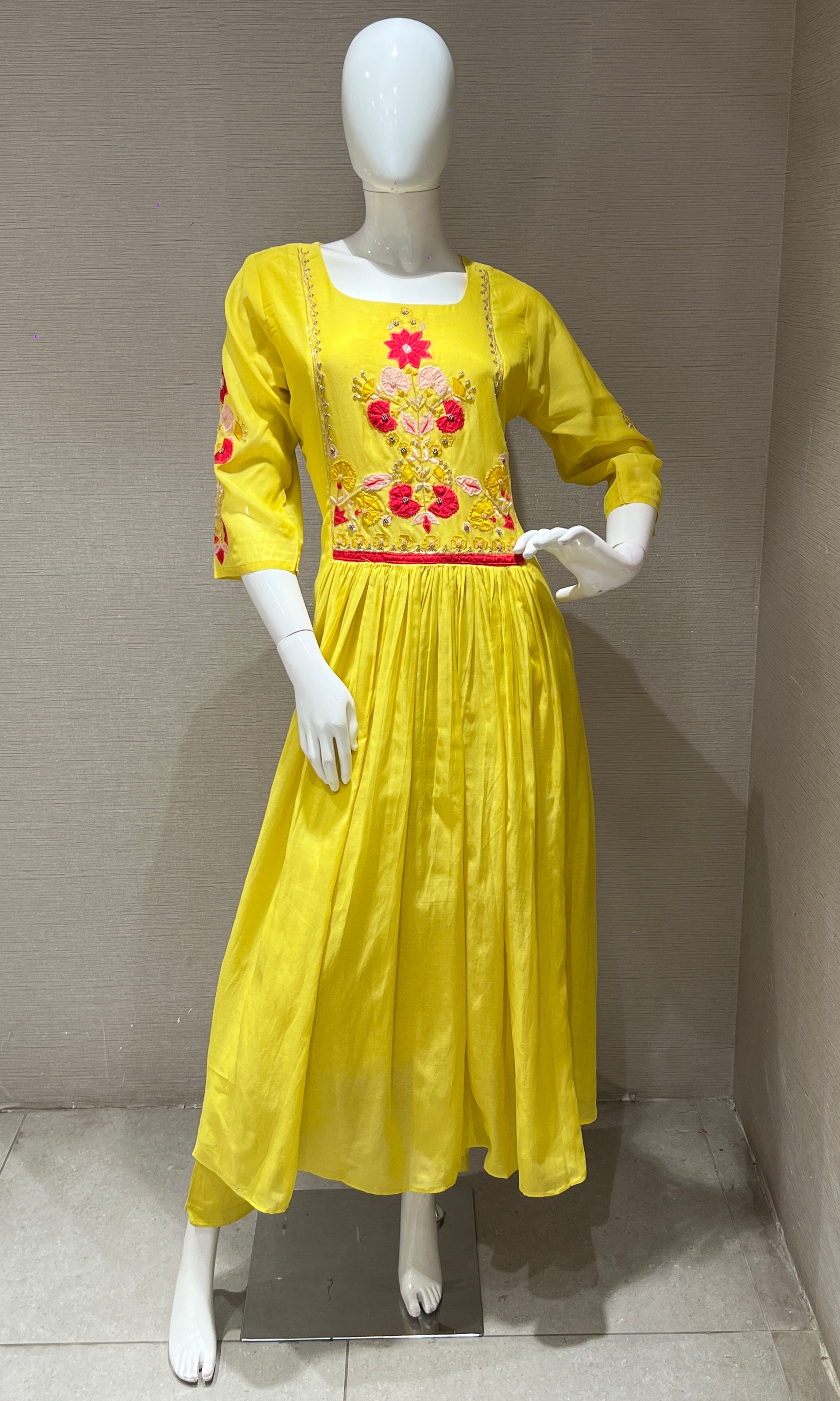 yellow MUL CHANDERI floral embroidered kurta set