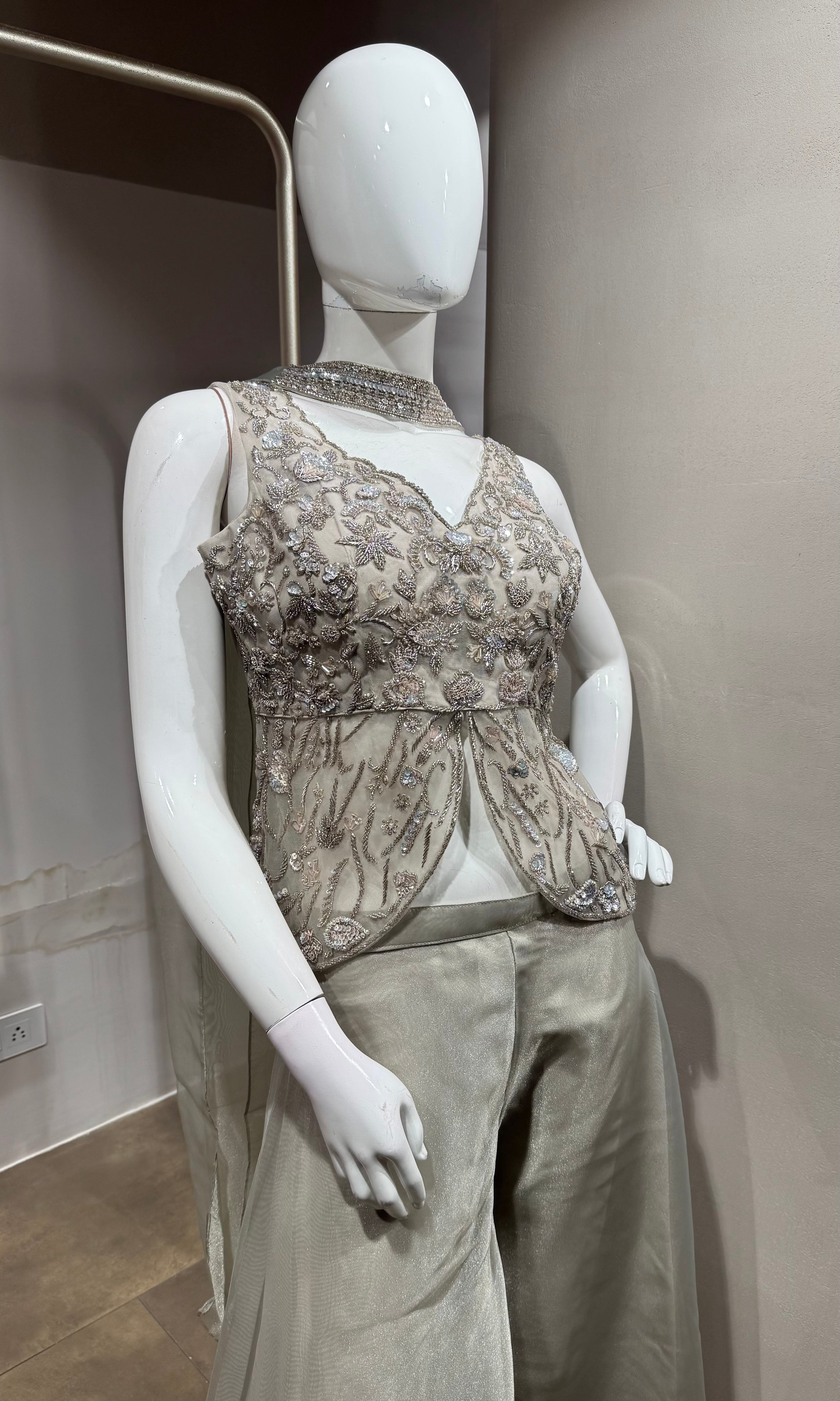 Metallic Grey Embellished Peplum & Flared Palazzo Set