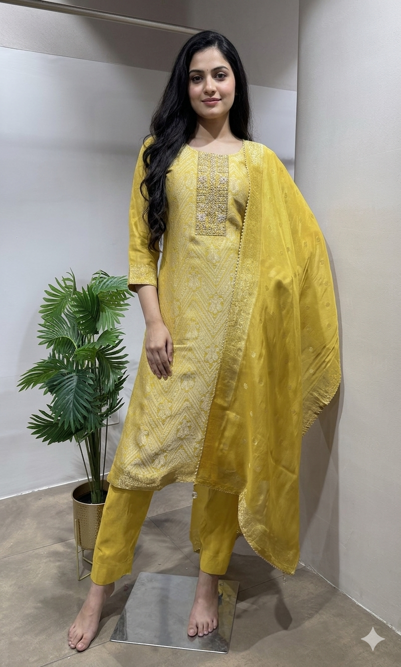 Yellow Chanderi Silk Embroidered Kurta Set