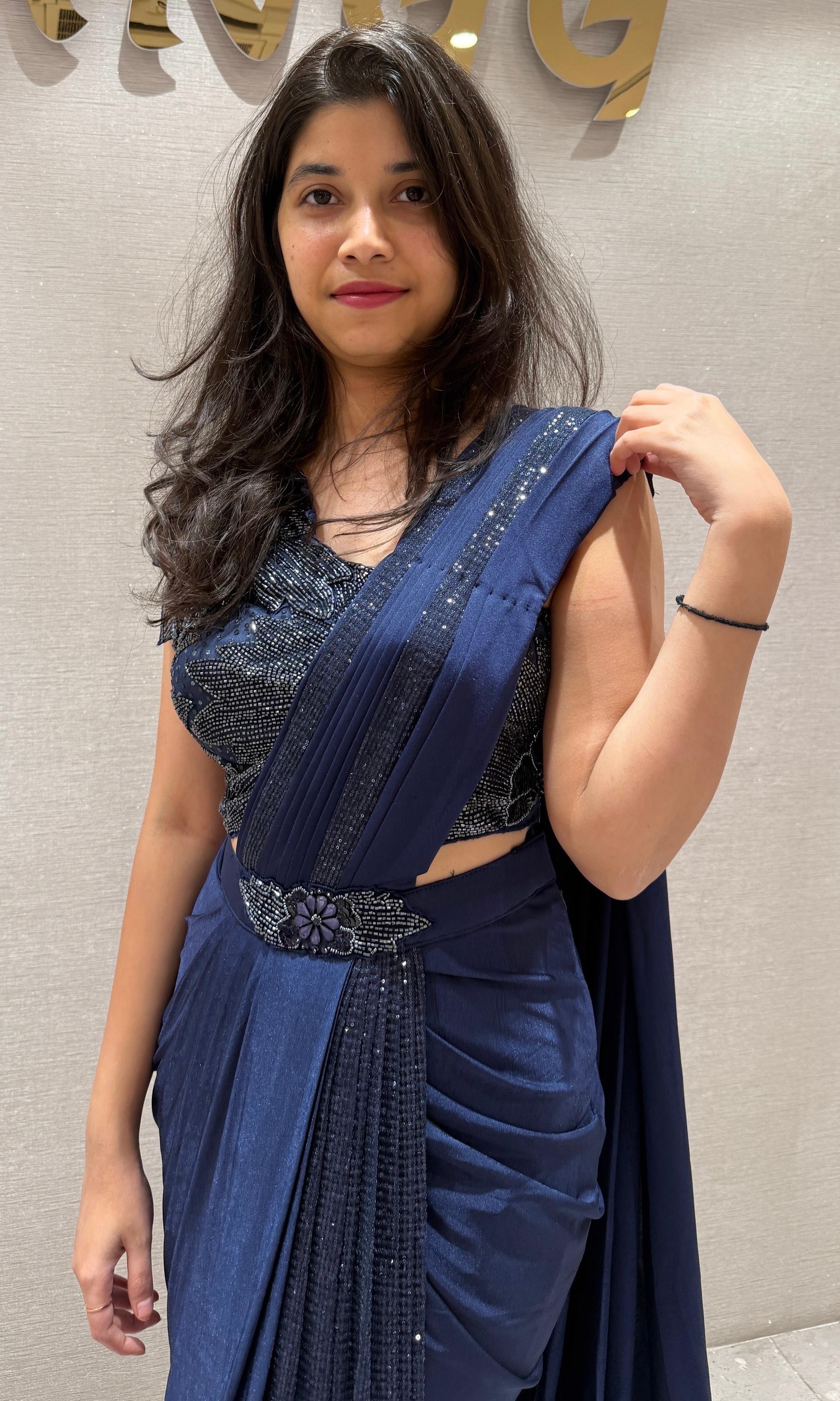 Navy blue sequined blouse drape saree