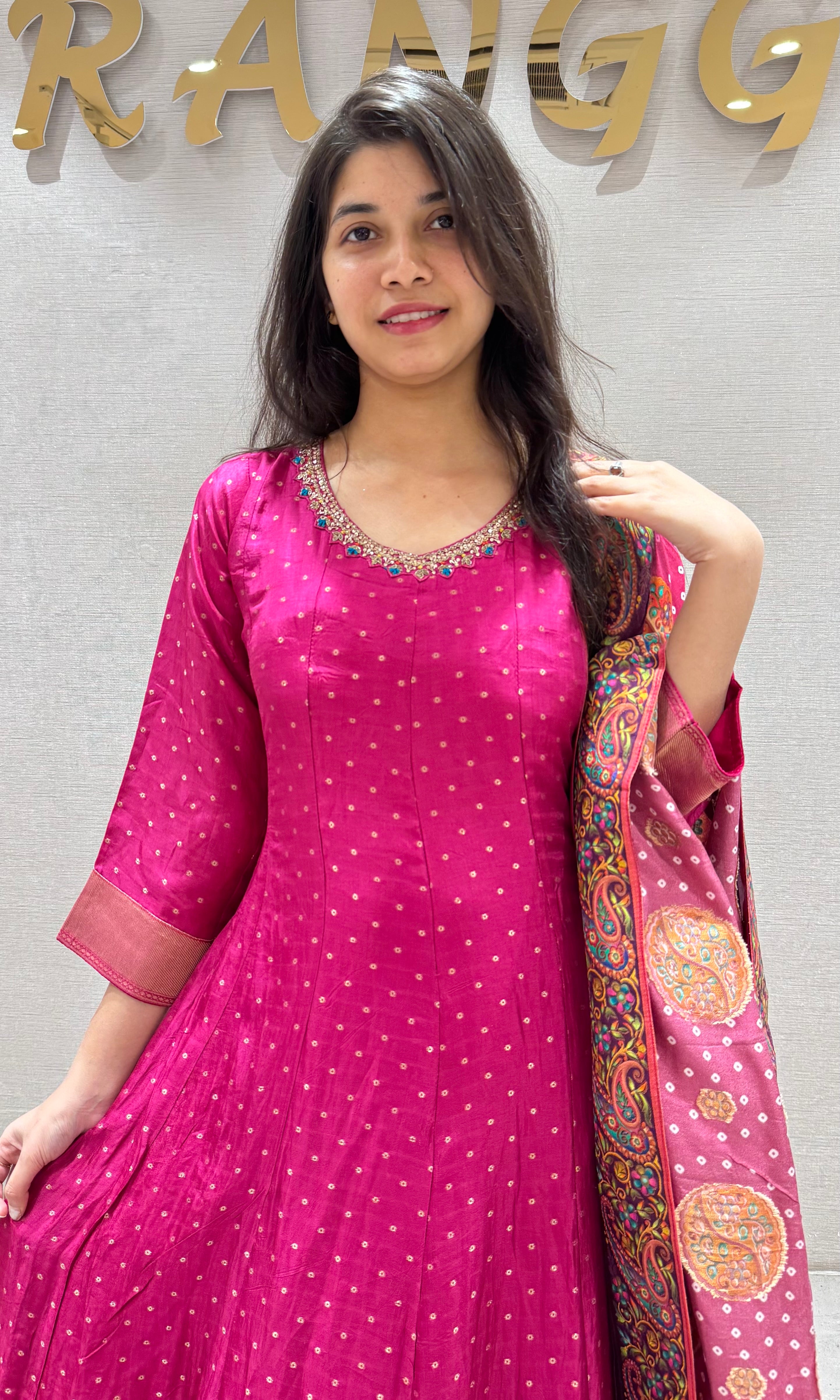 Pink ANARKALI SET WITH PRINTED DUPATTA