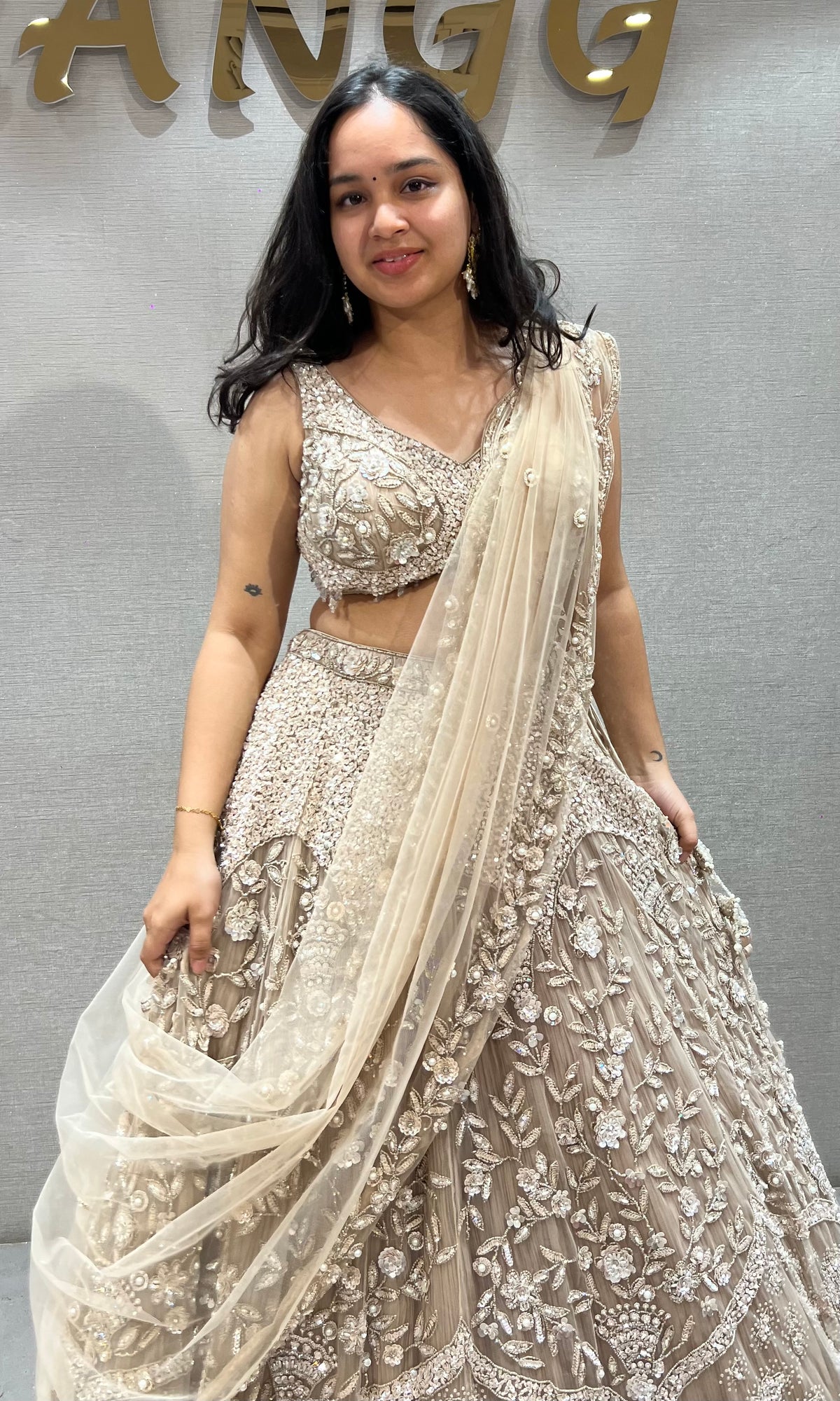 Champagne Soft Net Intricate Zari Sequin Embroidery Bridal lehenga