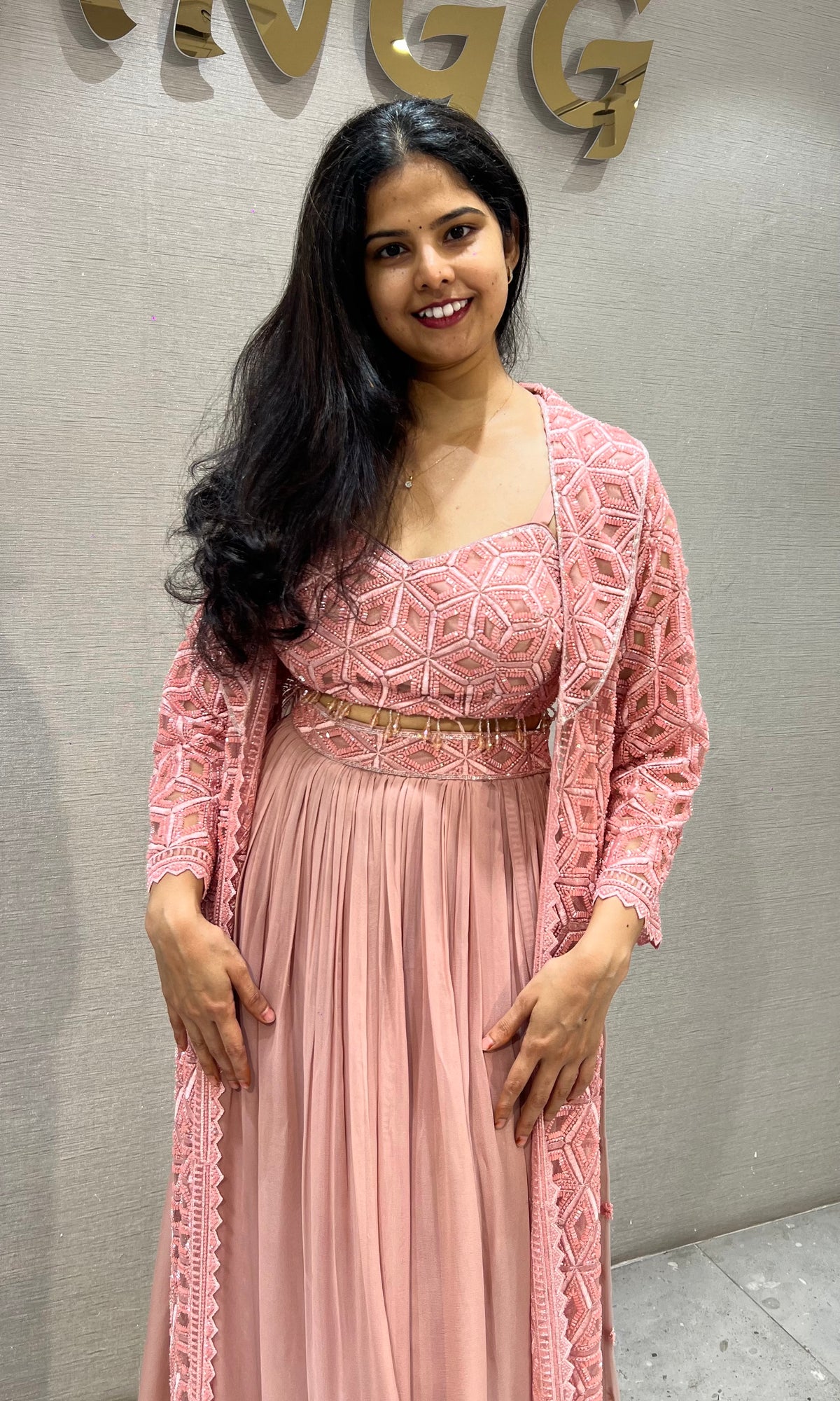 Onion Pink silk Embroidered Maxi Skirt with Cape Set