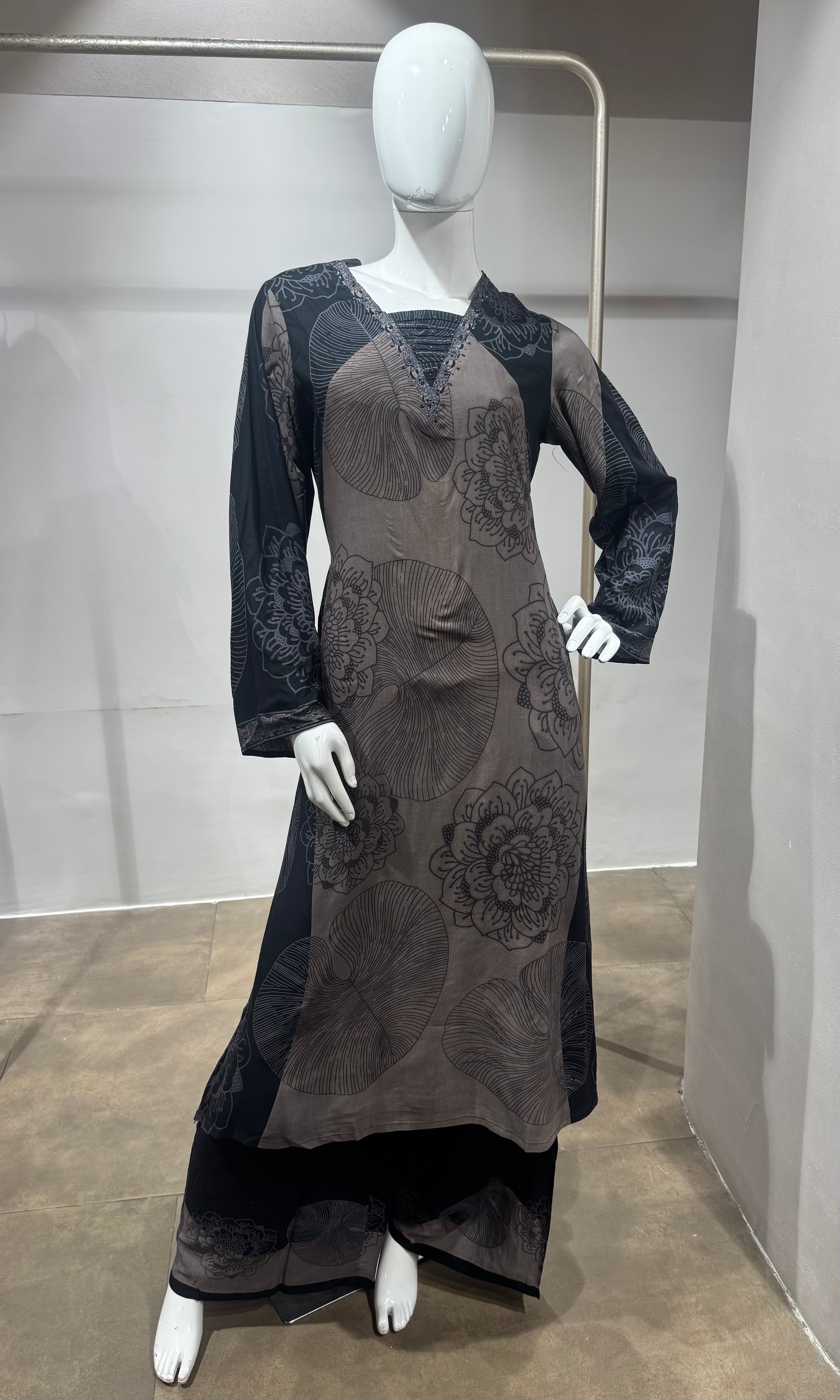 Grey Charcoal Damask Layered Kurta Set