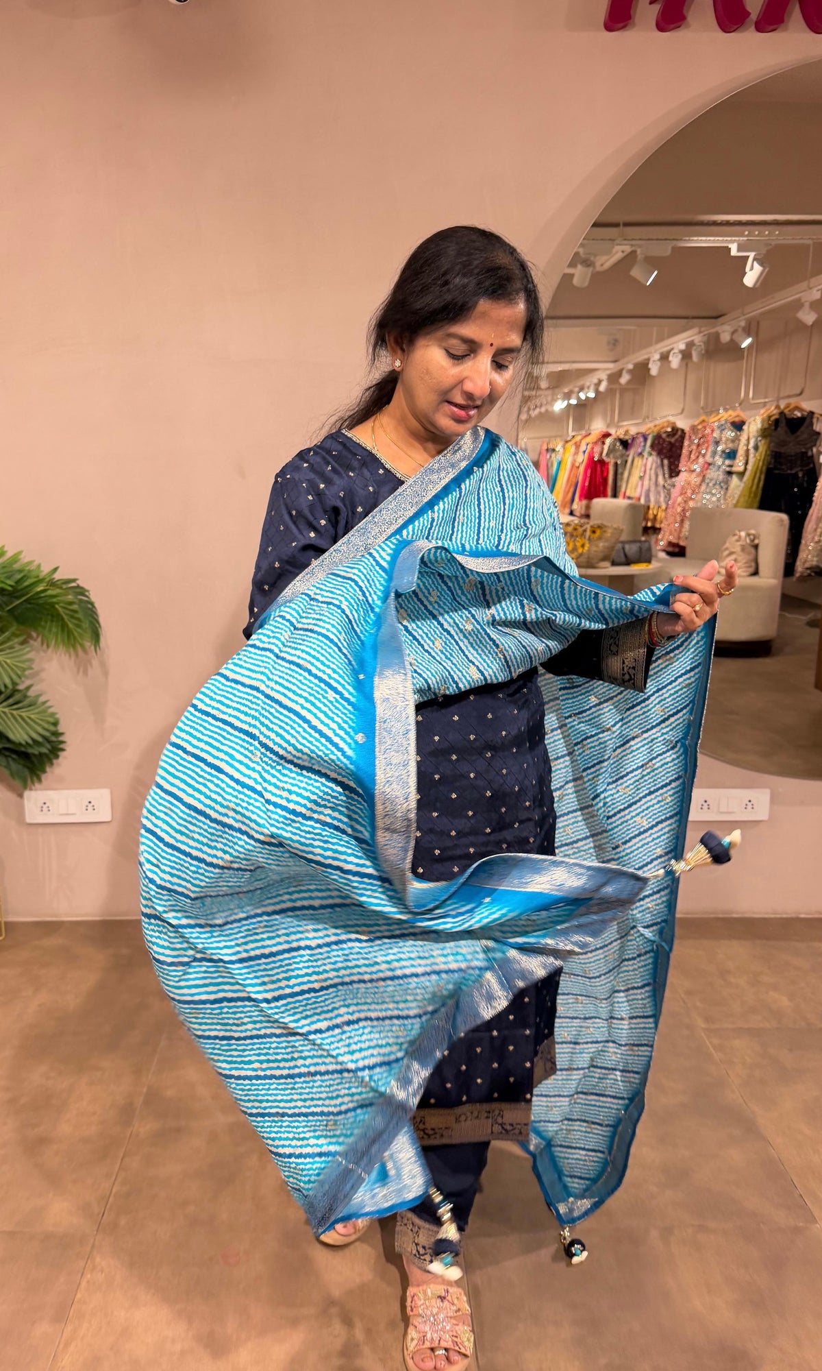 ROYAL BLUE RAYON SILK KURTA SET WITH STRIPED DUPATTA