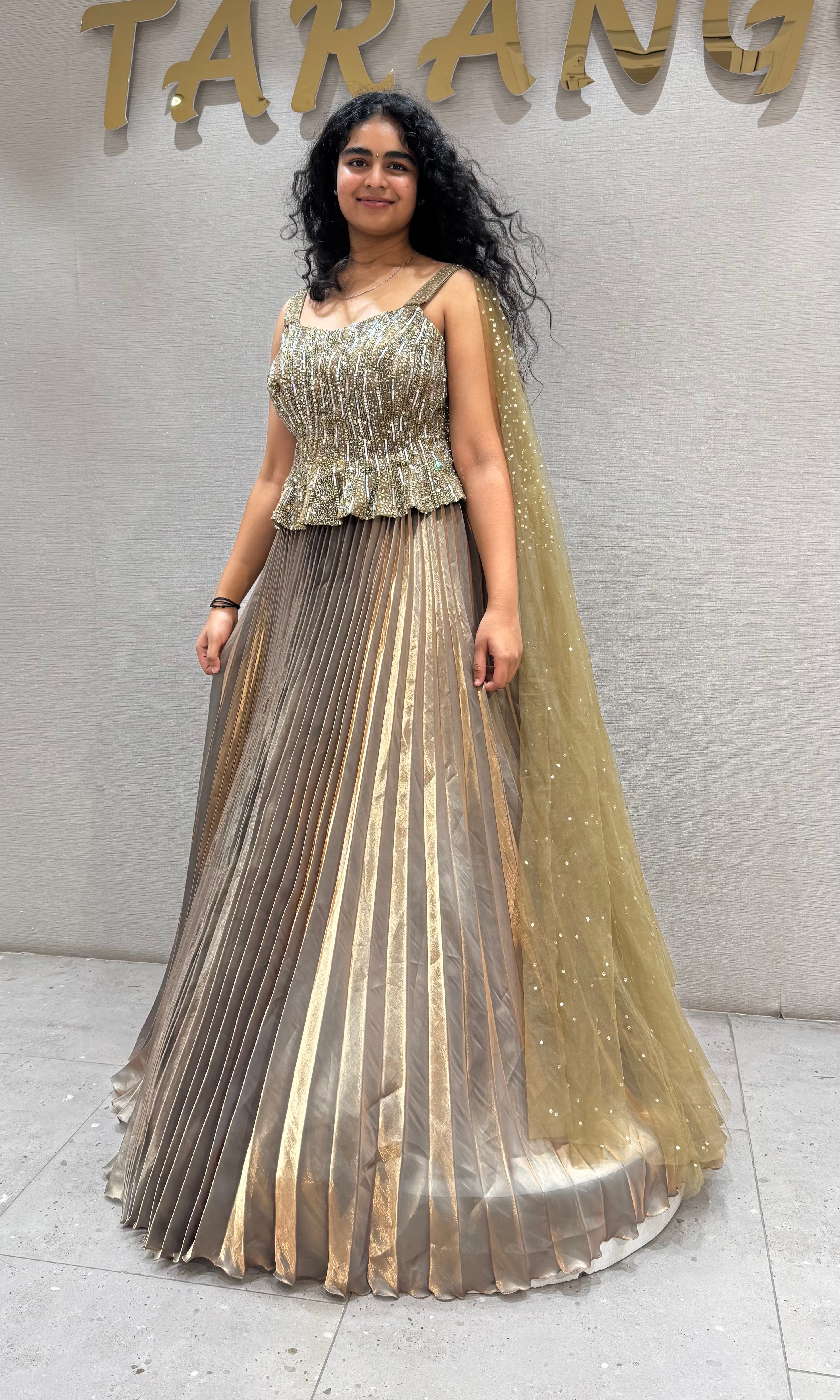 Green Golden peplum gown with cape