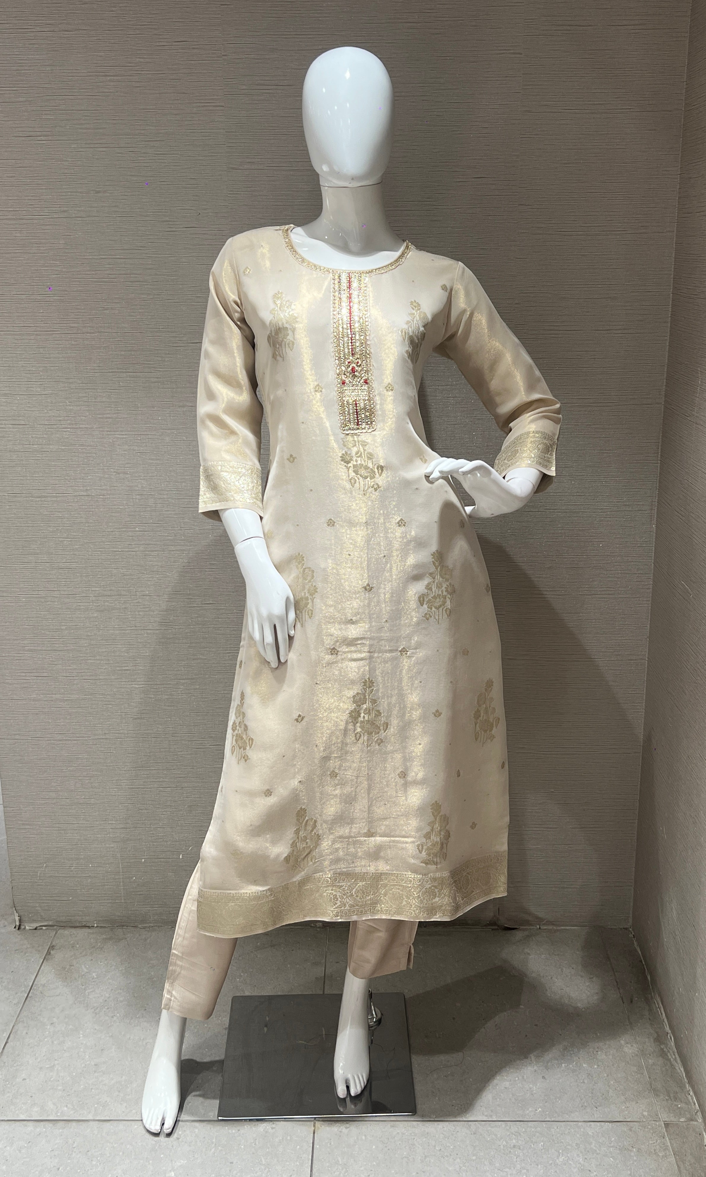 Beige Chanderi Embroidered Kurta Set