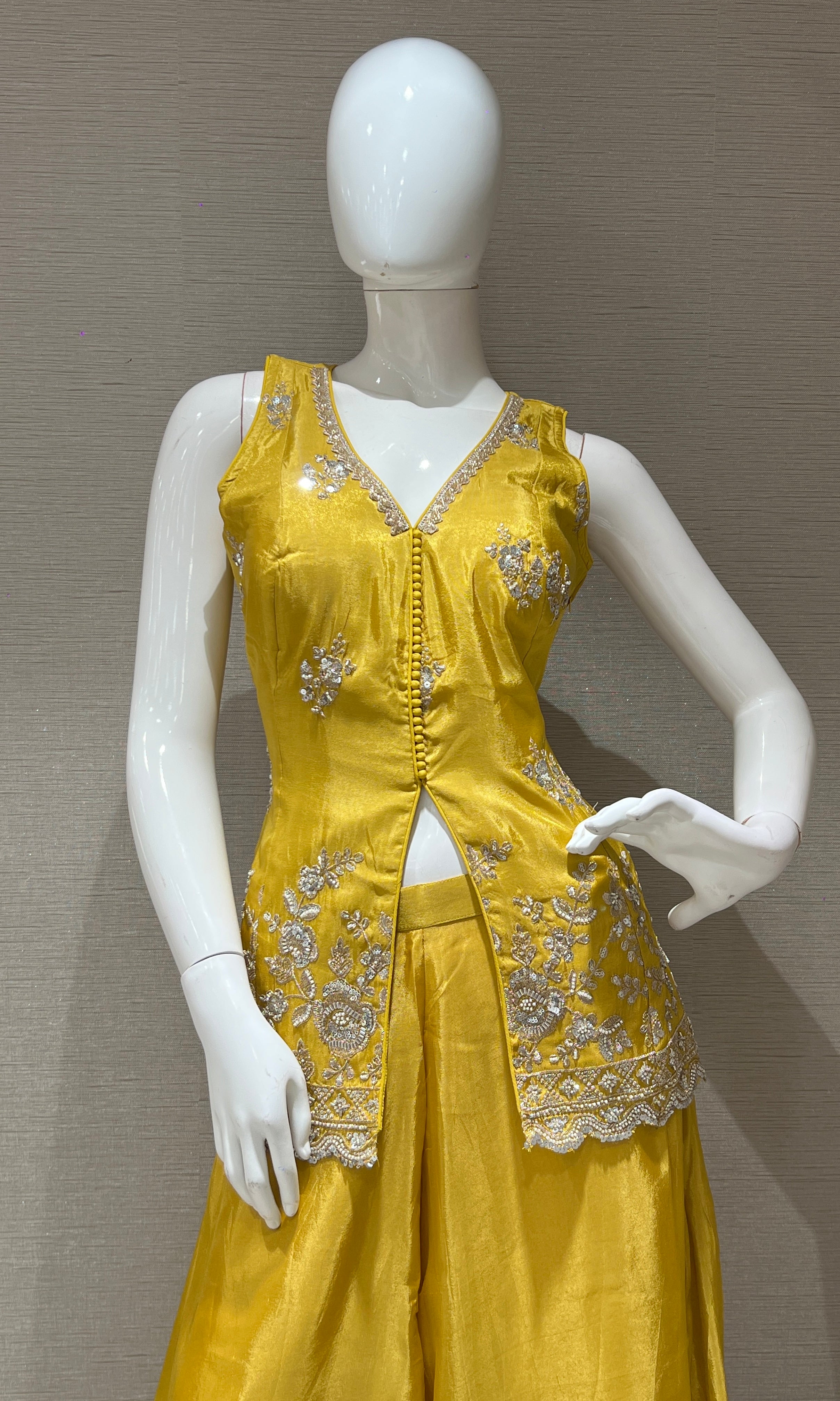 golden Yellow shimmer tissue palazzo with intricate embroidery
