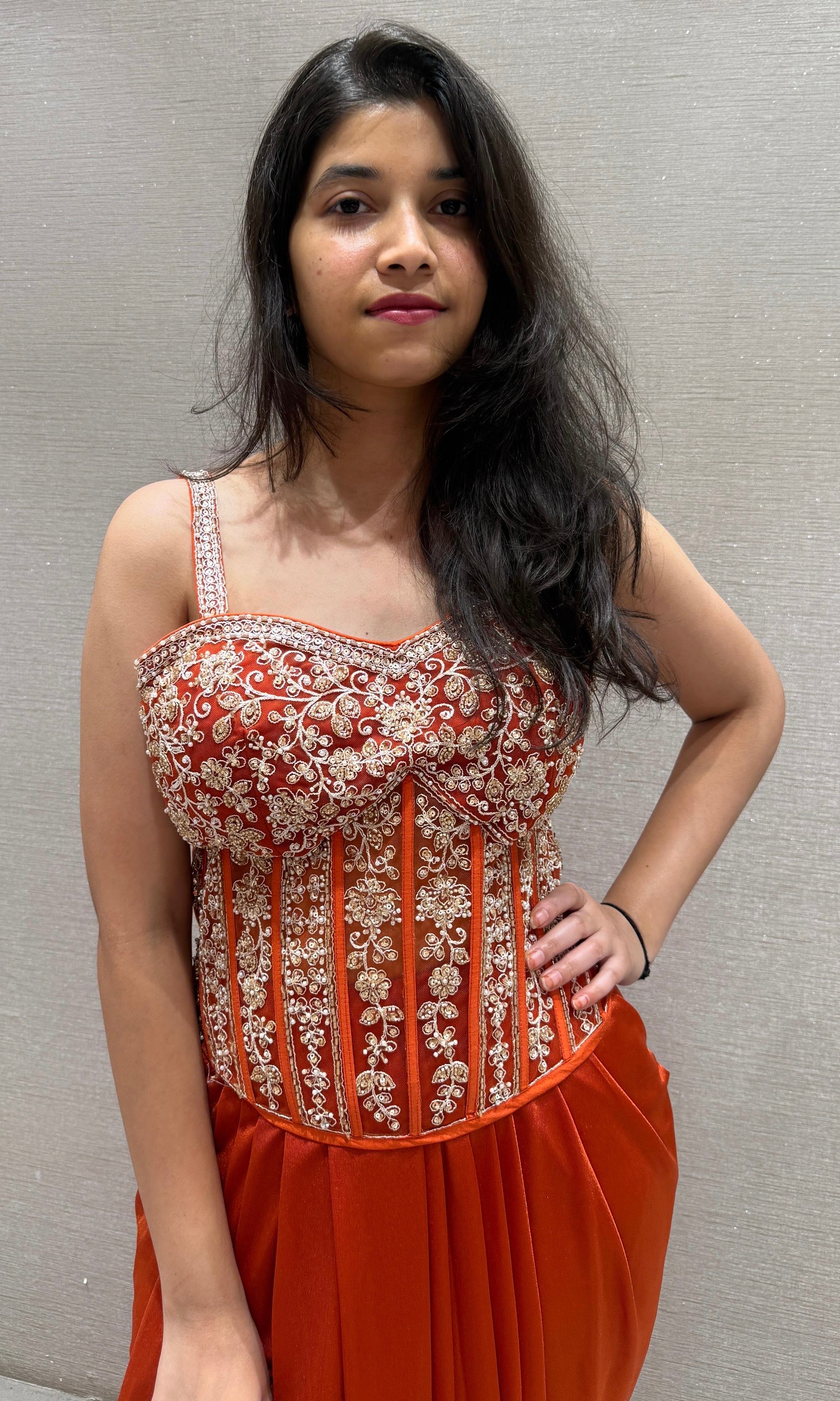 ORANGE 3 PIECE INDO WESTERN DRESS WITH SHRUG