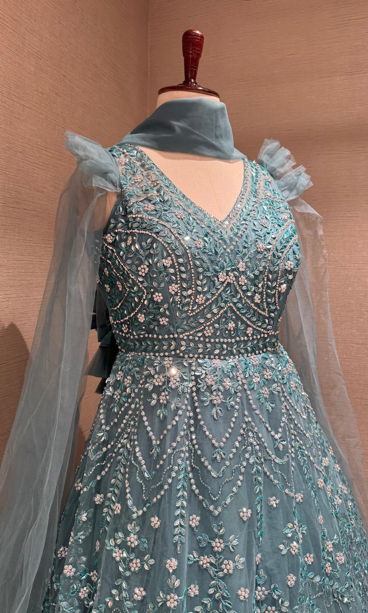Sage Green Floral Embellished Tulle Ball Gown