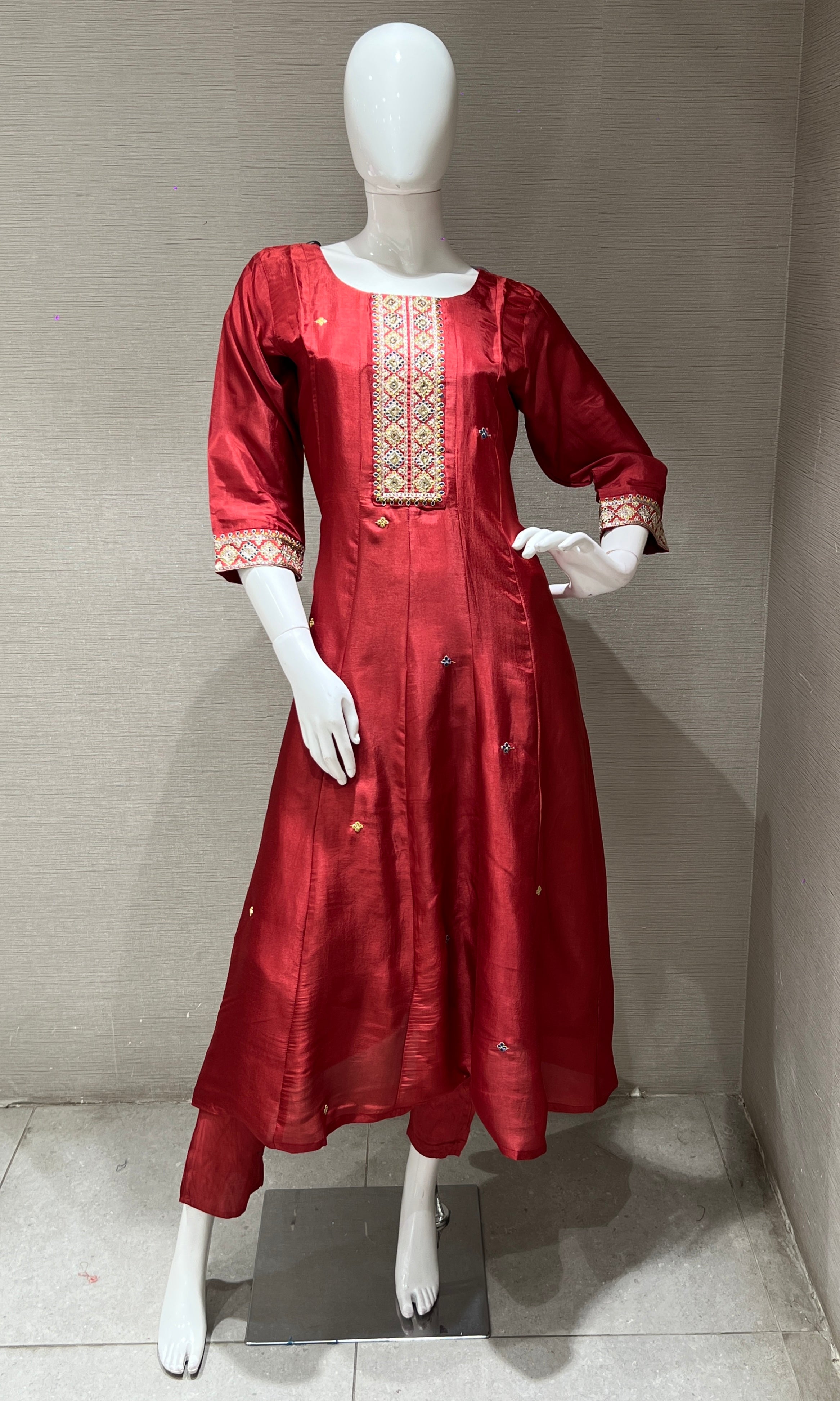 Brown Anarkali set with printed dupatta