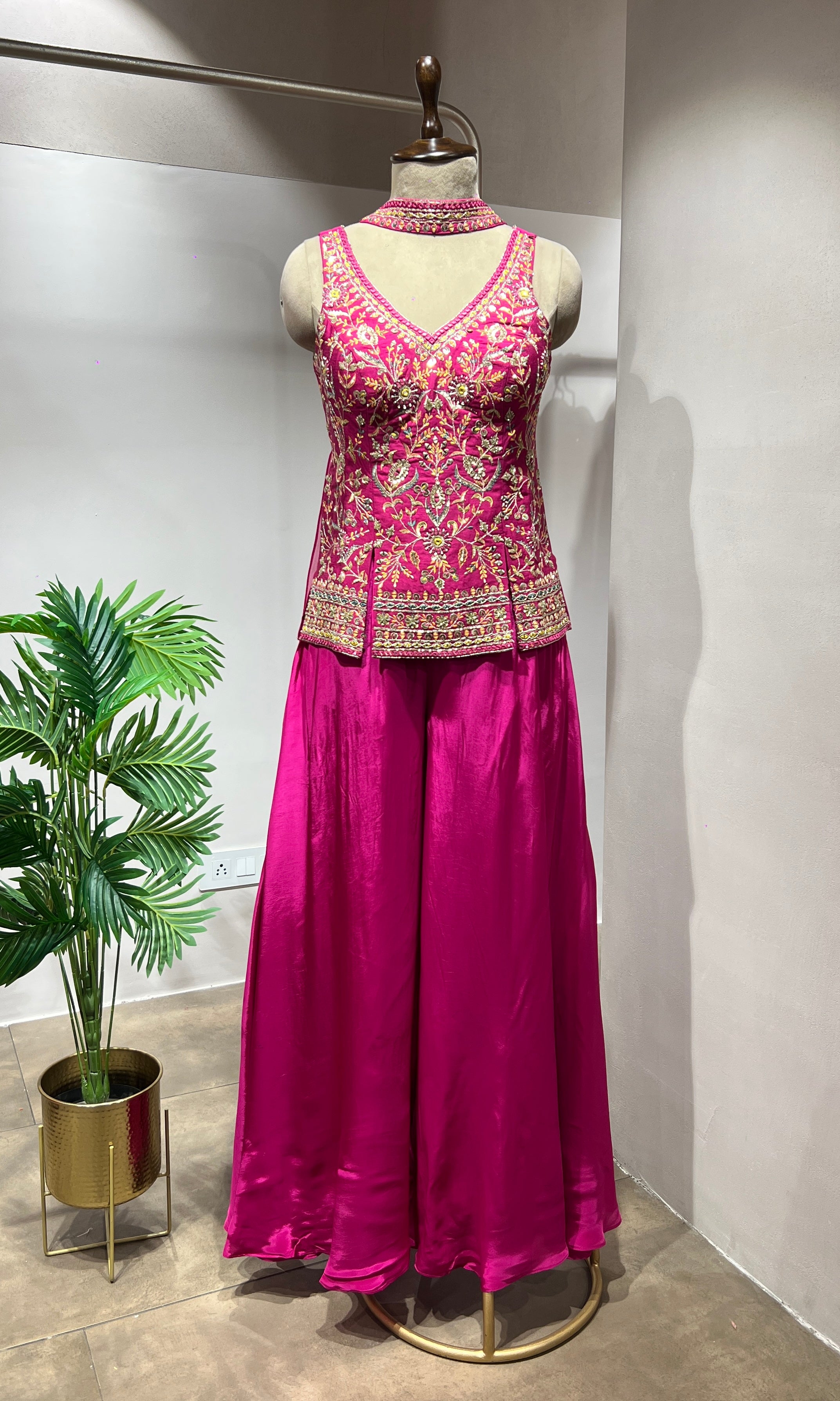 Pink Embroidered Peplum & Palazzo Set