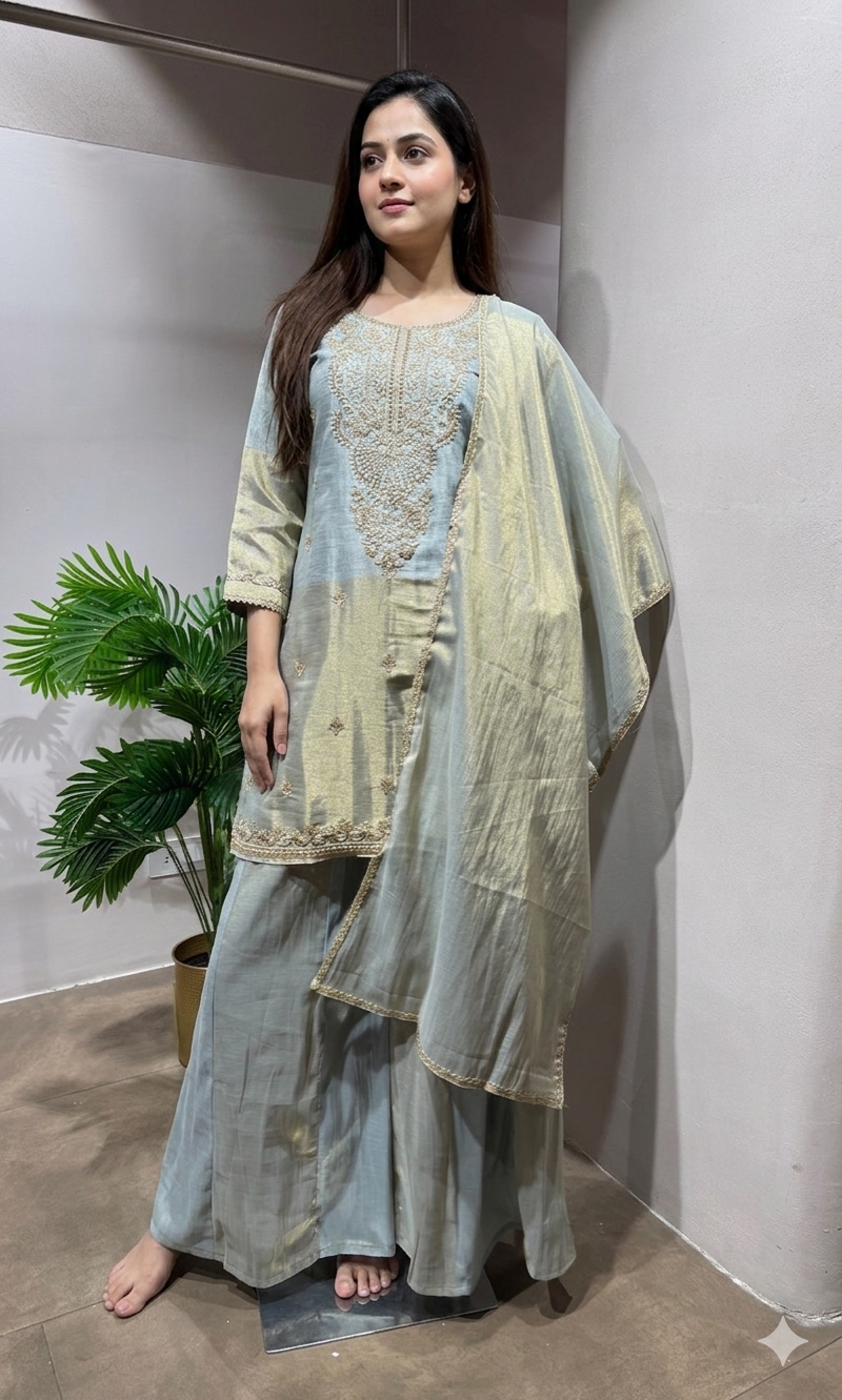 Grey & Gold Embroidered Festive Sharara Set