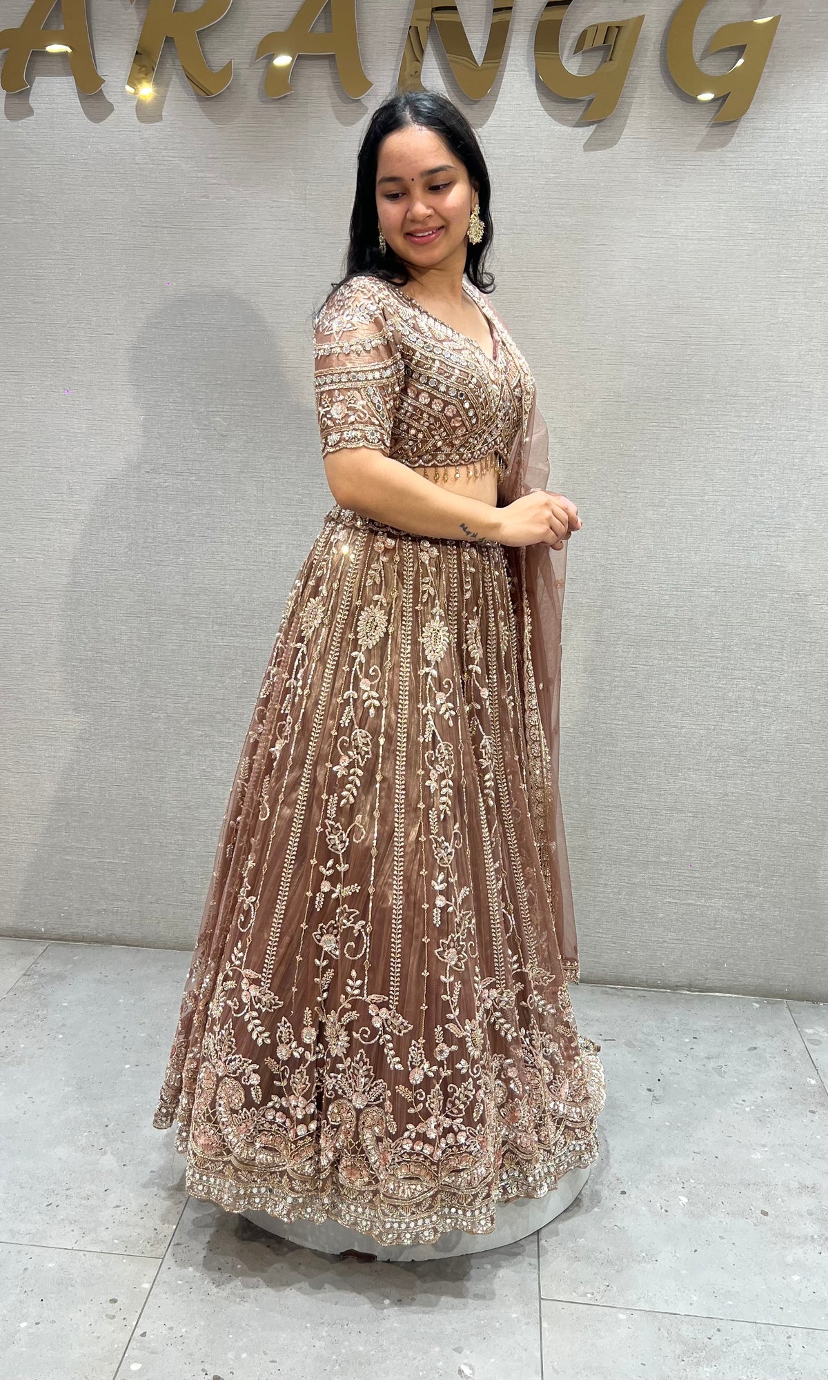 Mocha Brown Embellished Net Lehenga Choli Set